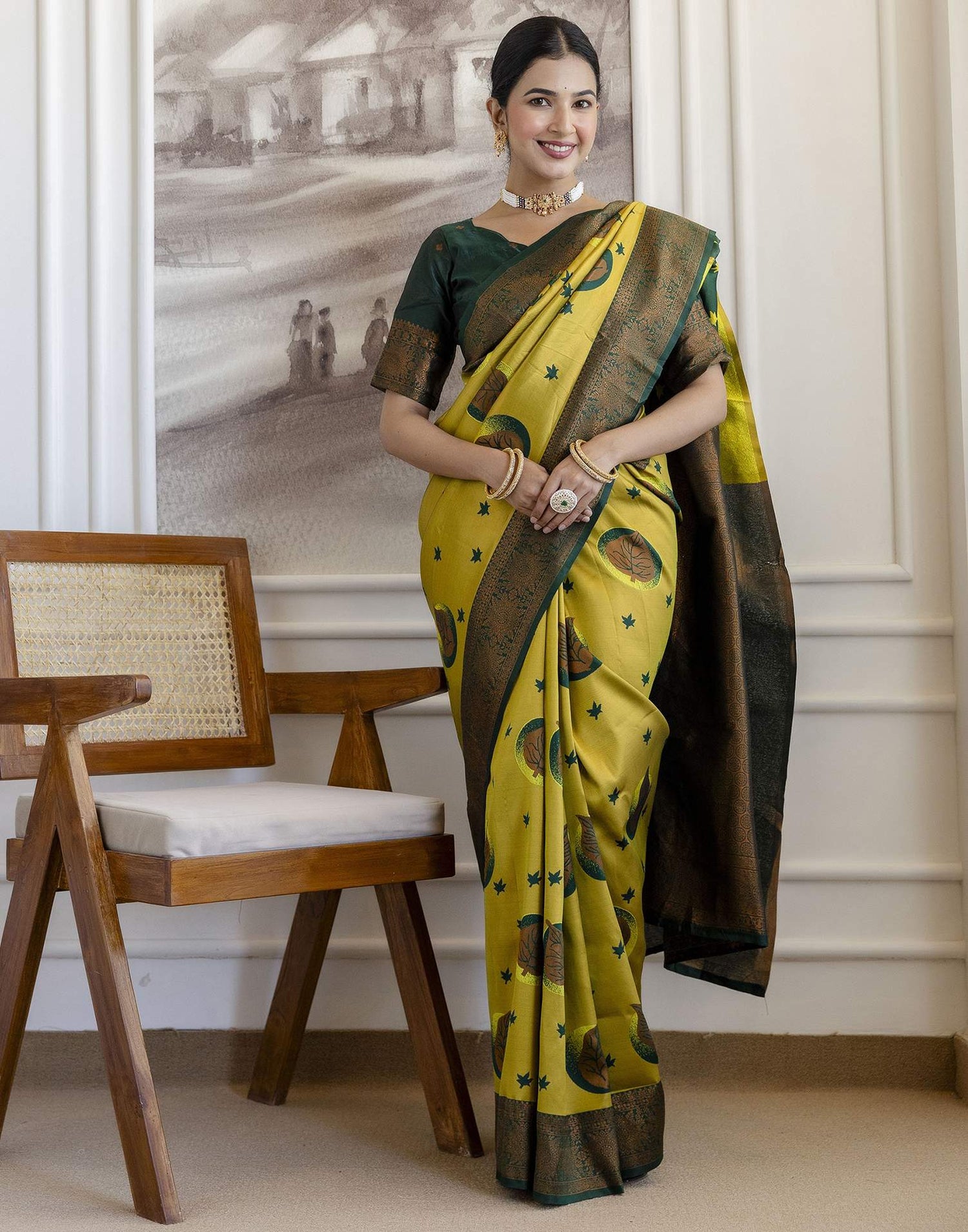 Lime Green Silk Woven Saree
