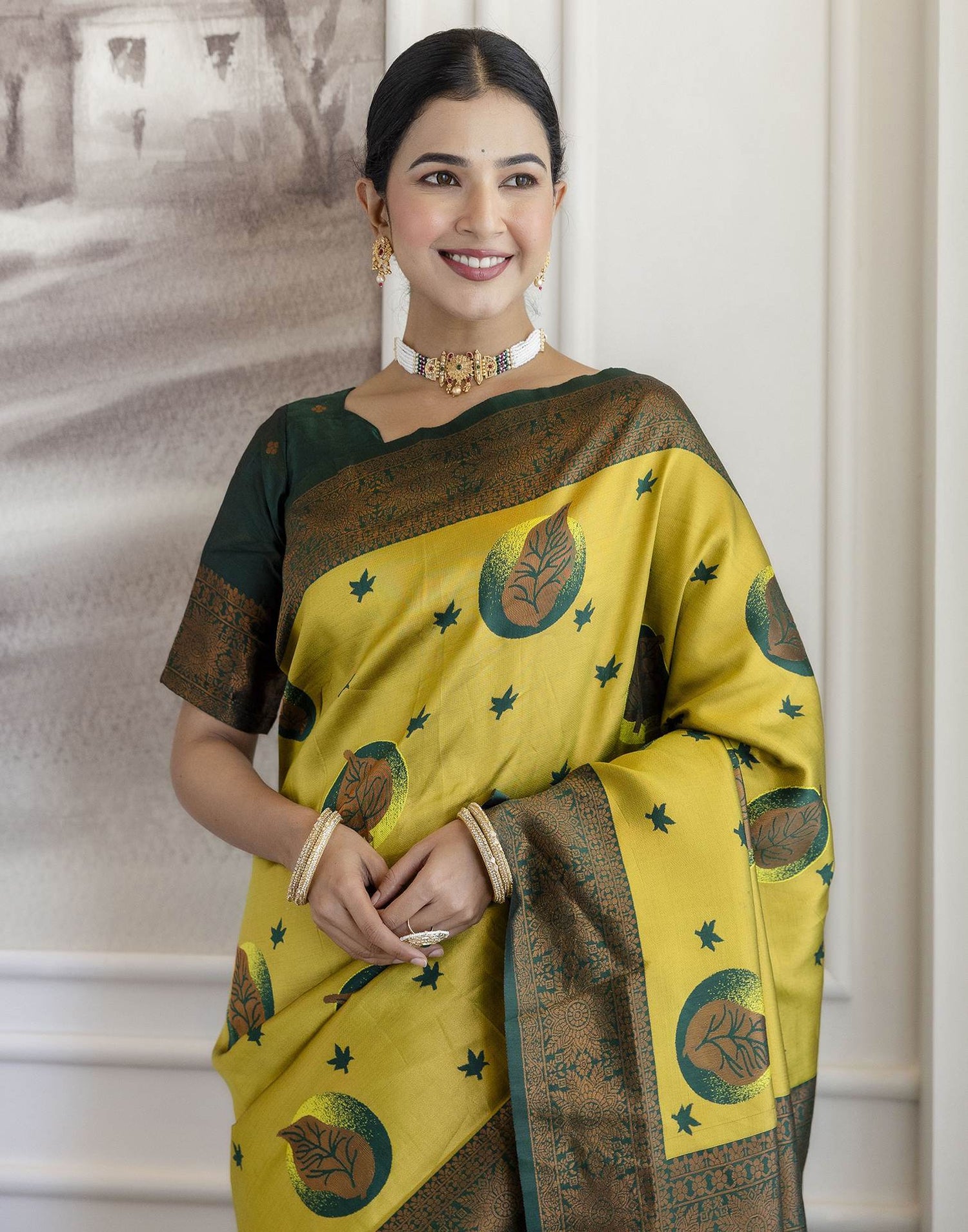 Lime Green Silk Woven Saree