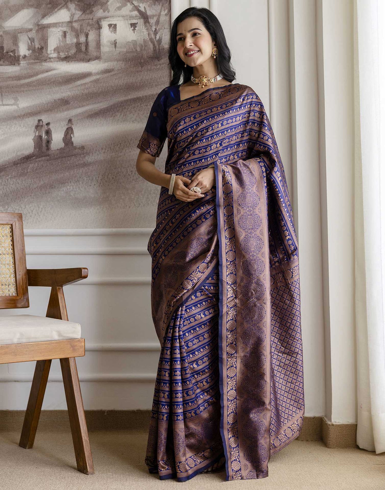 Navy Blue Silk Woven Saree
