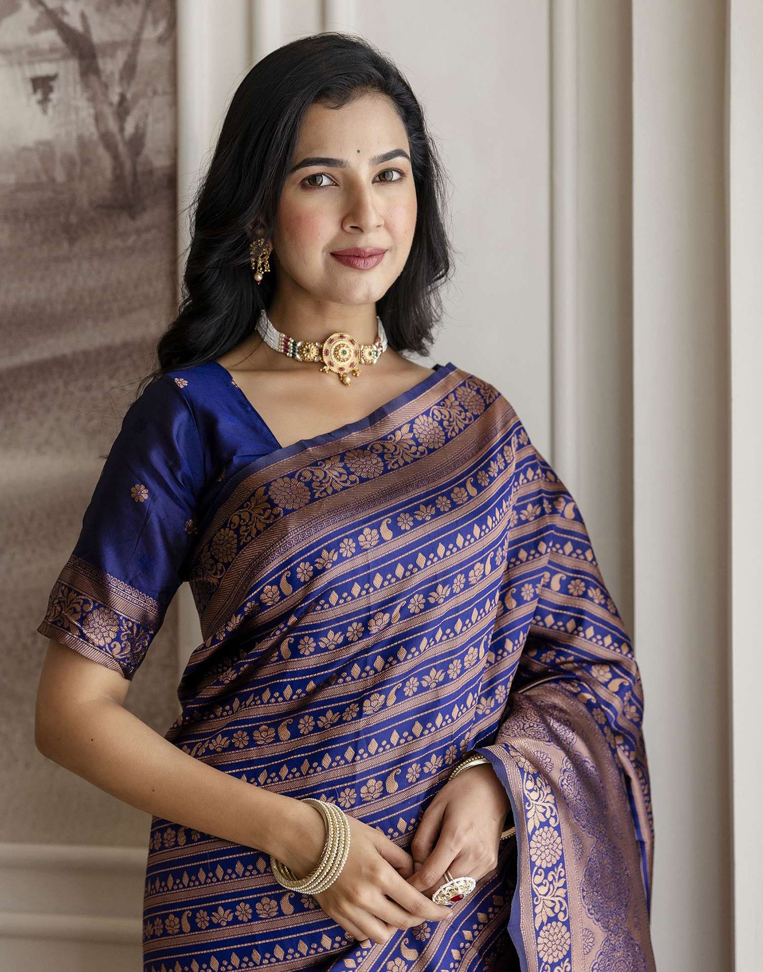 Navy Blue Silk Woven Saree