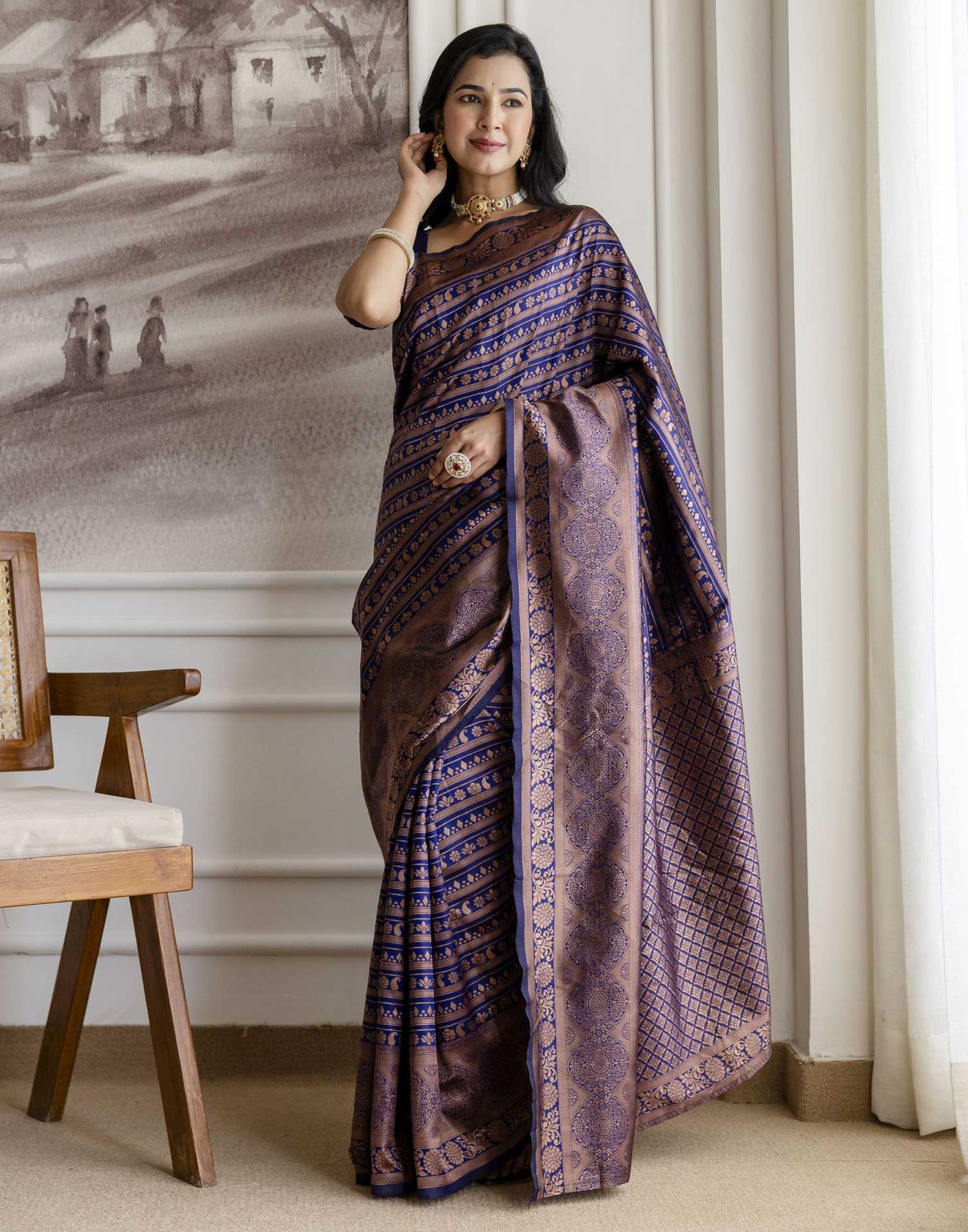 Navy Blue Silk Woven Saree