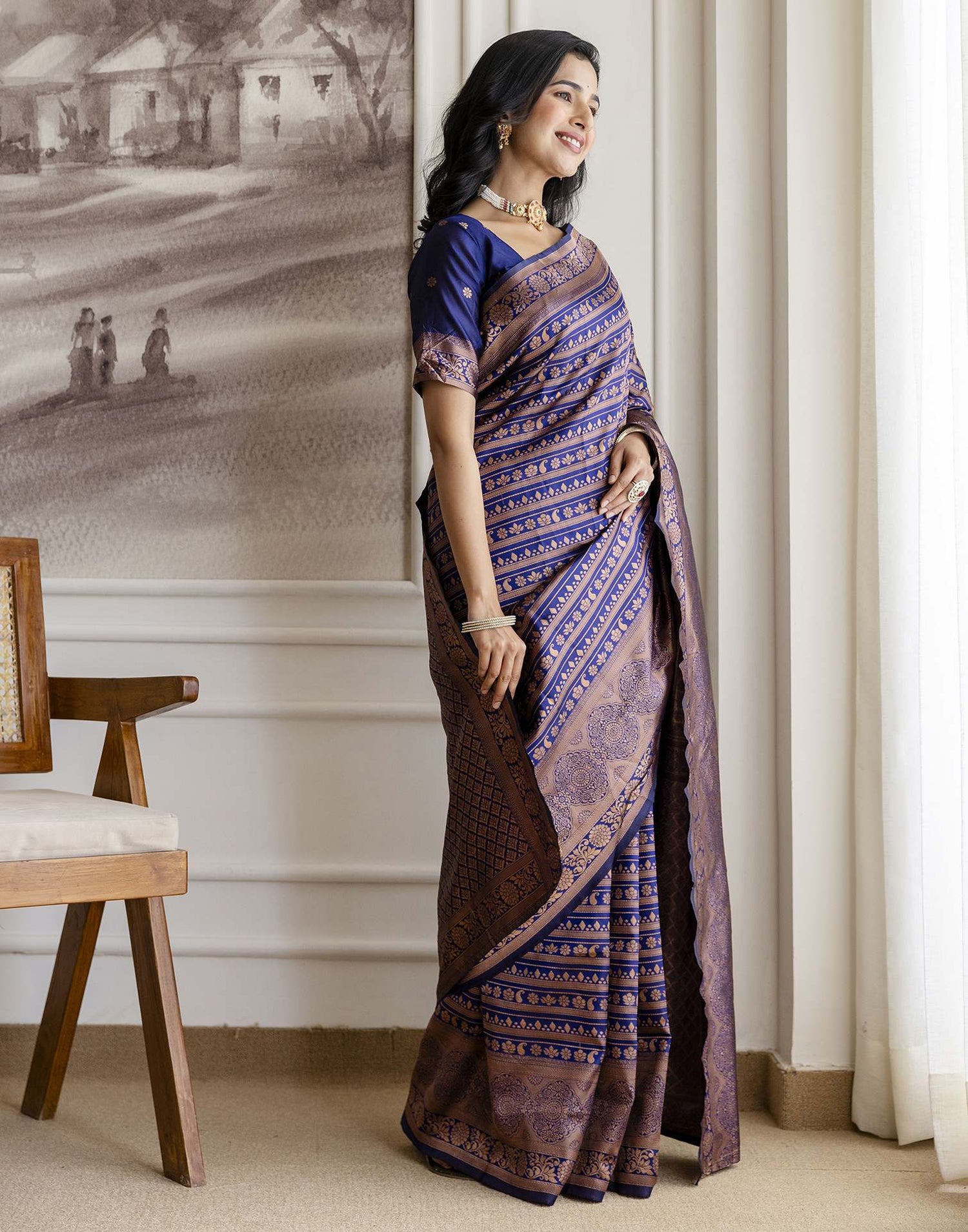 Navy Blue Silk Woven Saree
