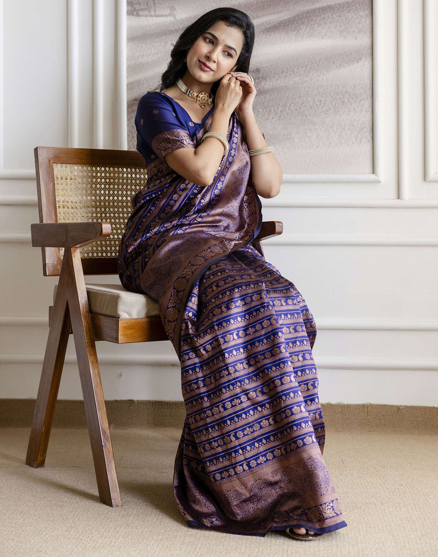 Navy Blue Silk Woven Saree