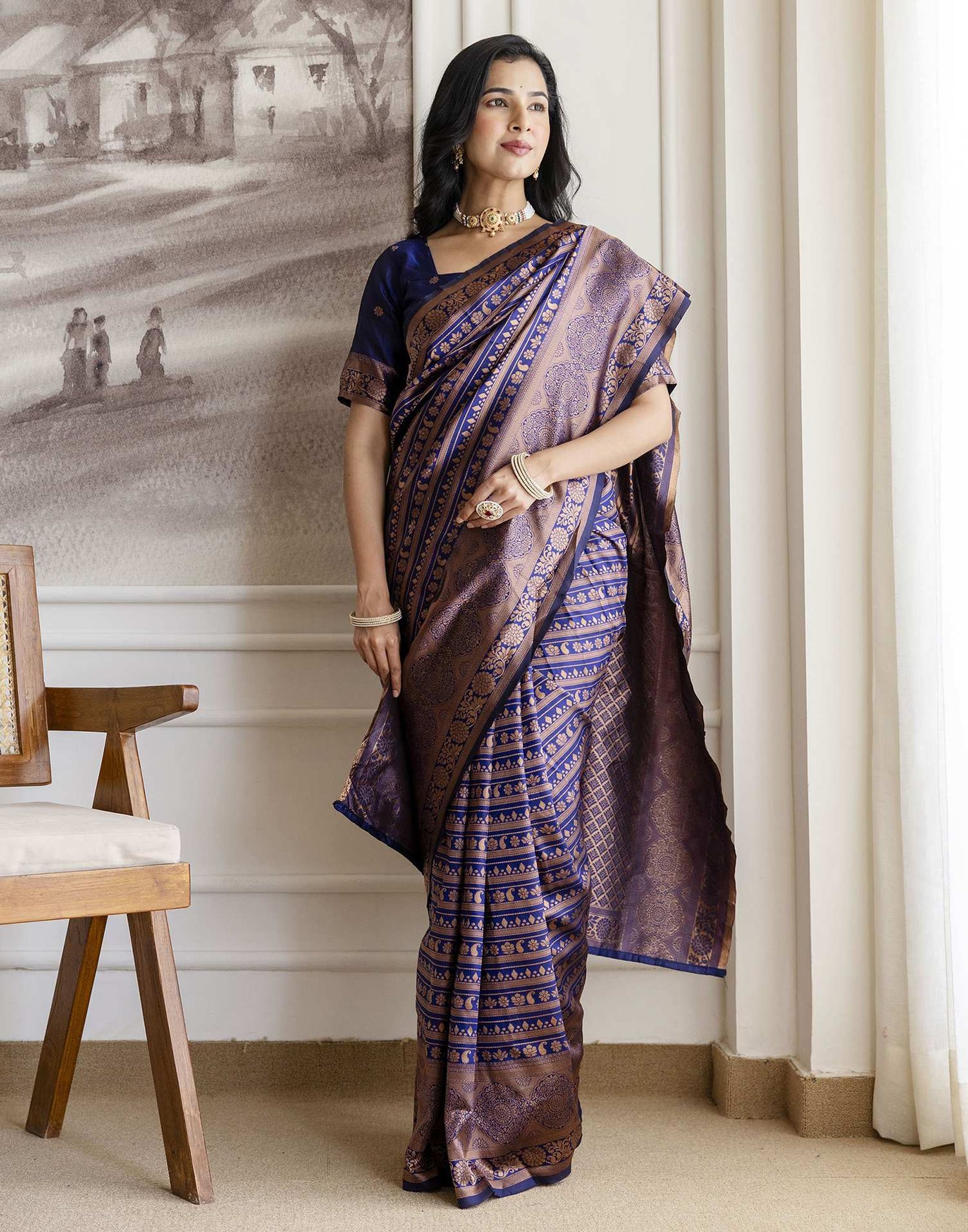 Navy Blue Silk Woven Saree