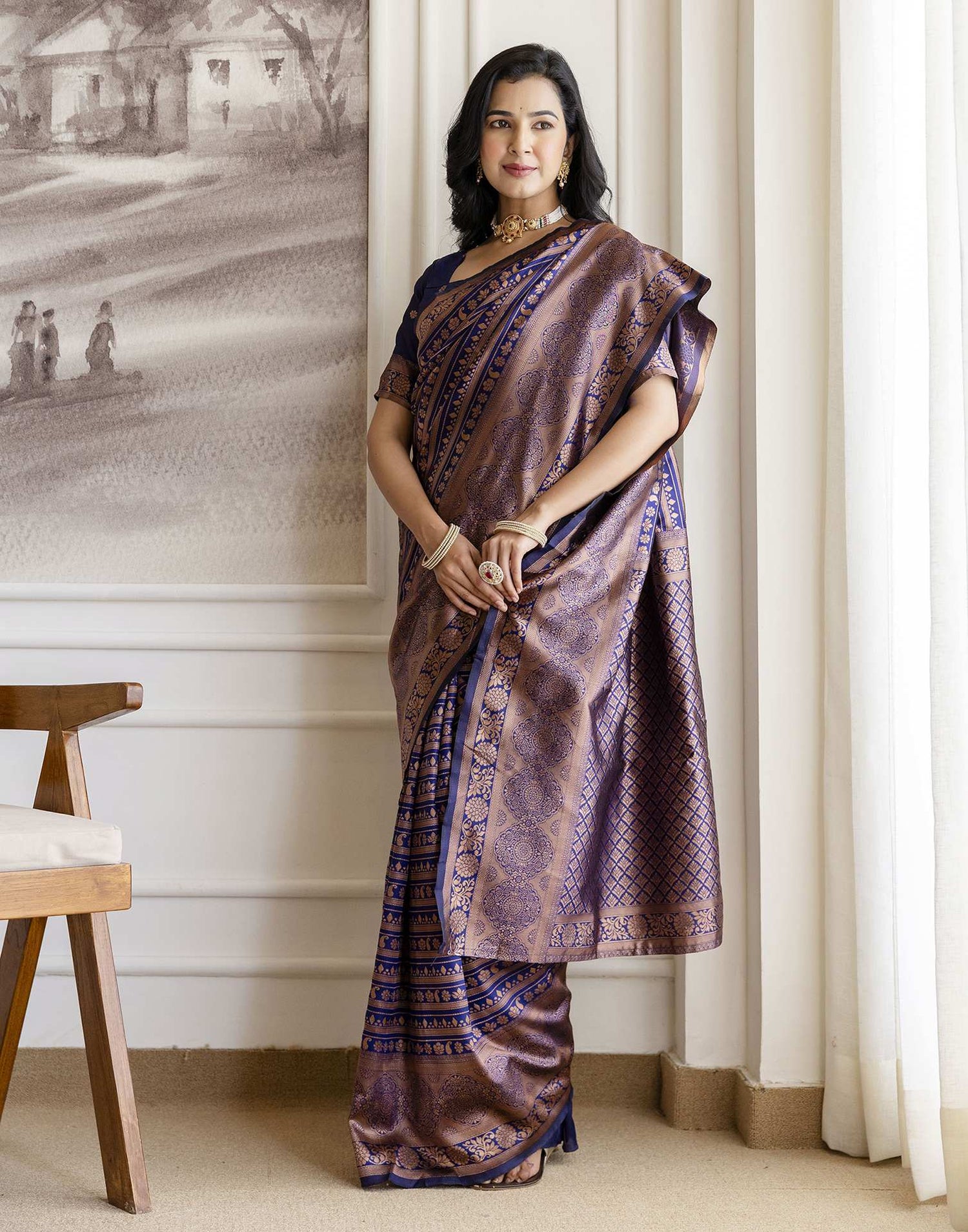Navy Blue Silk Woven Saree