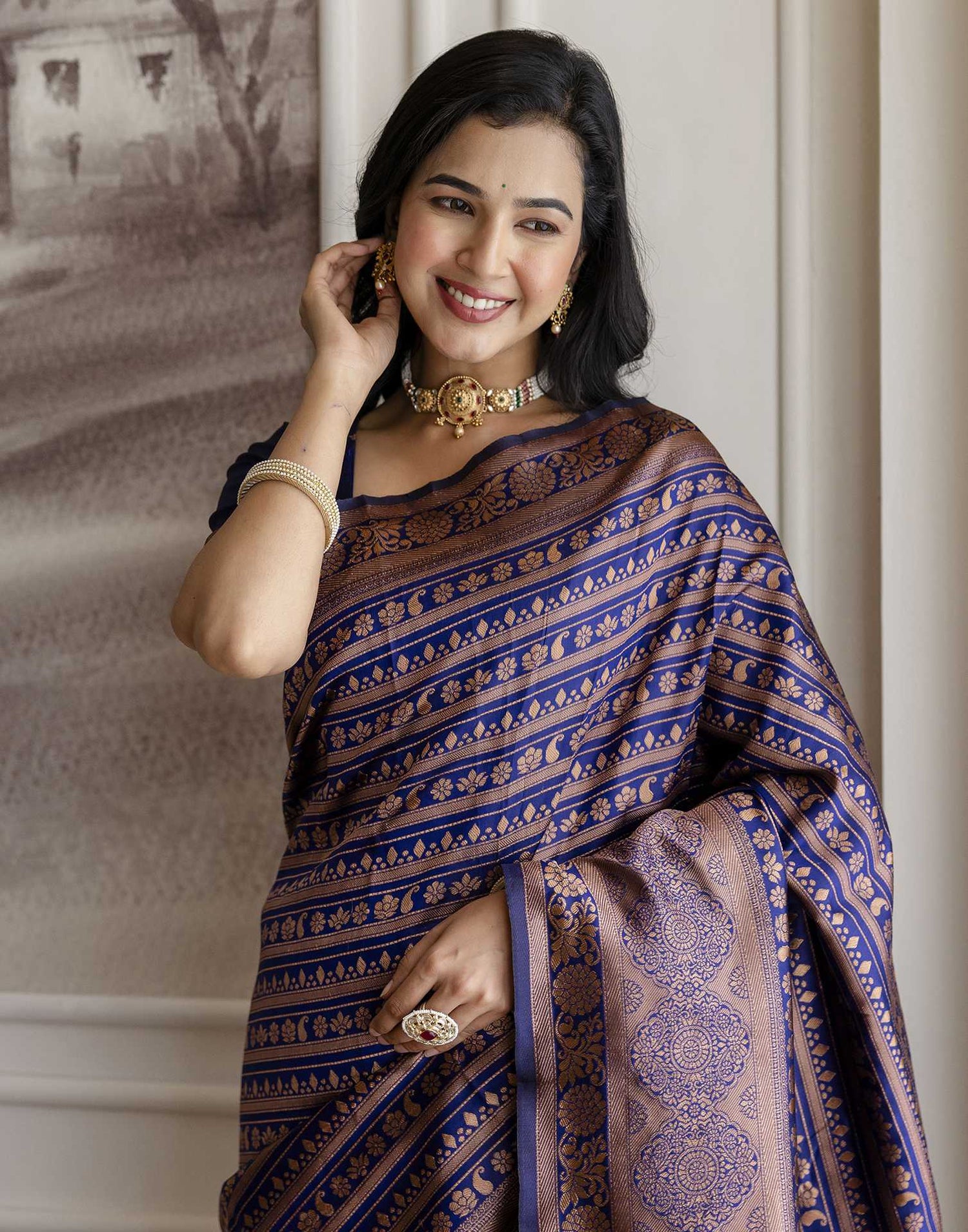 Navy Blue Silk Woven Saree
