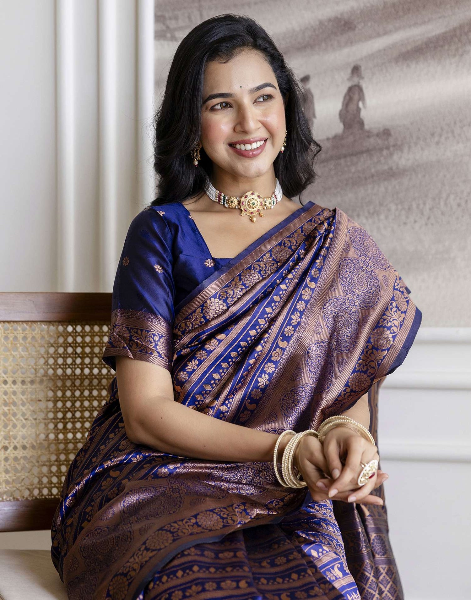 Navy Blue Silk Woven Saree