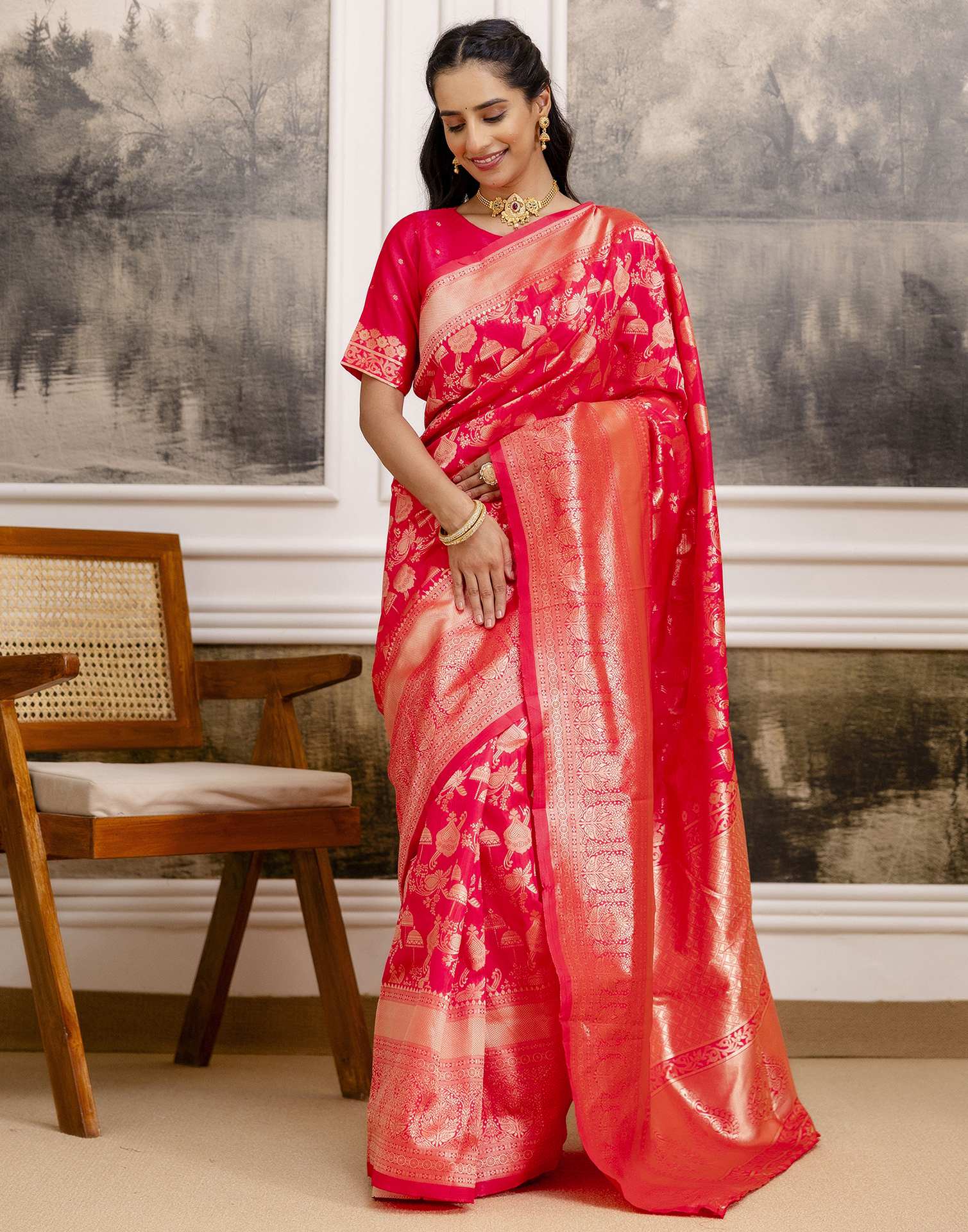 Bright Pink Silk Woven Saree