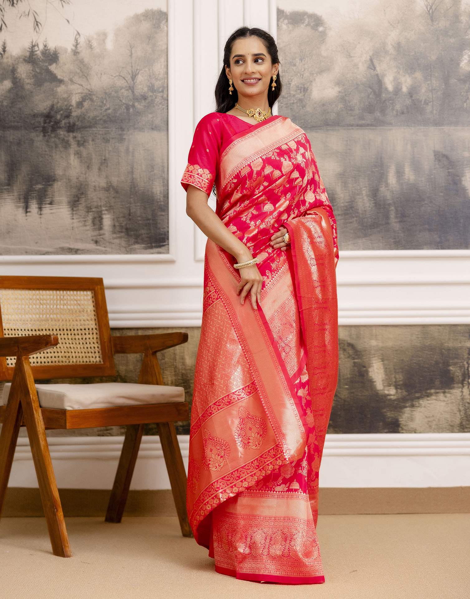 Bright Pink Silk Woven Saree