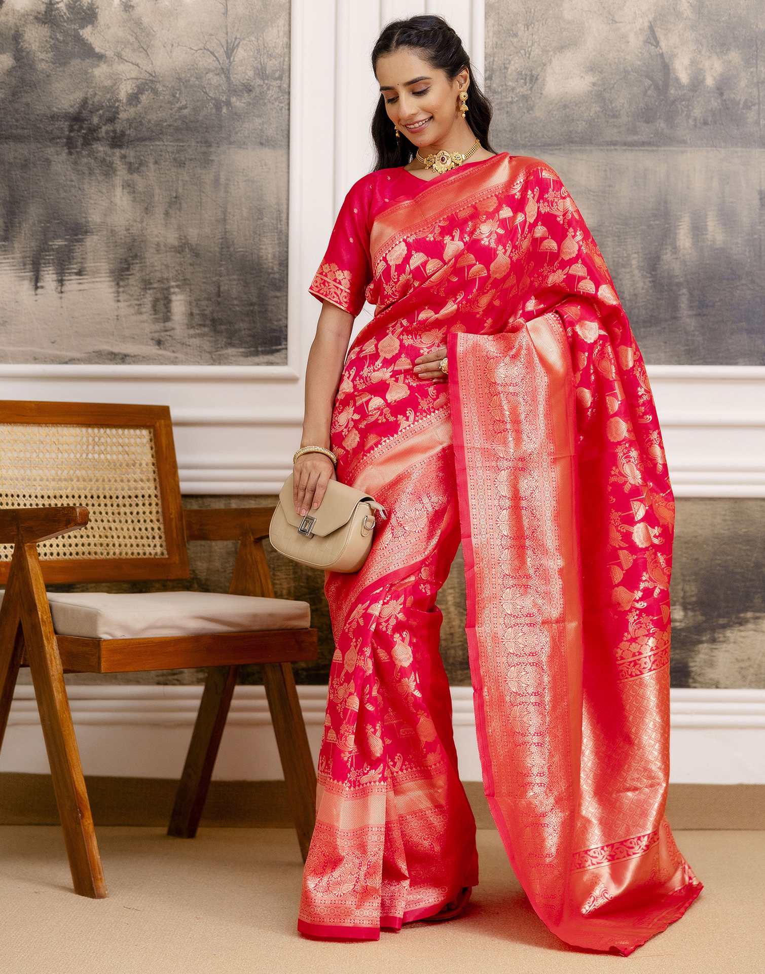 Bright Pink Silk Woven Saree