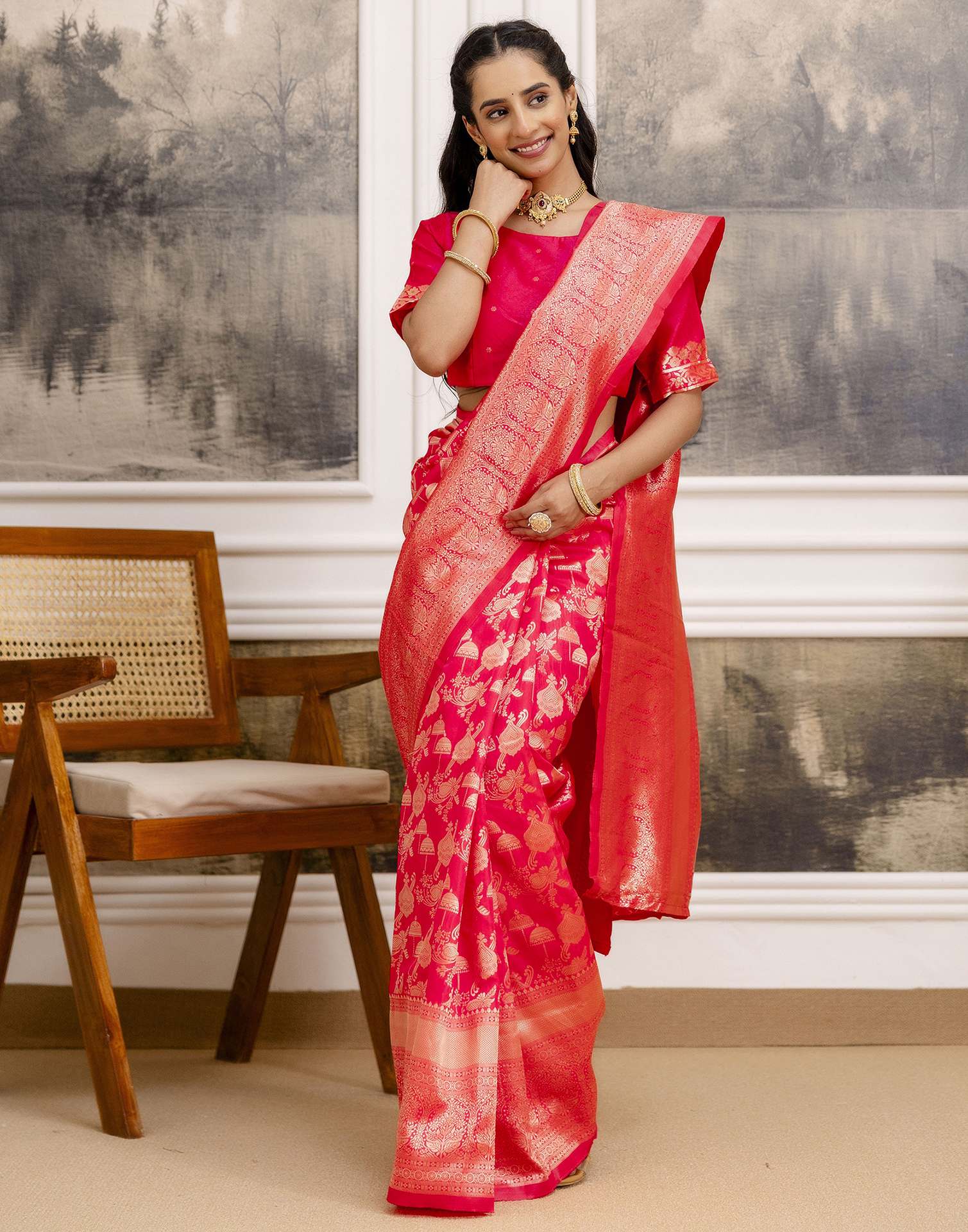Bright Pink Silk Woven Saree