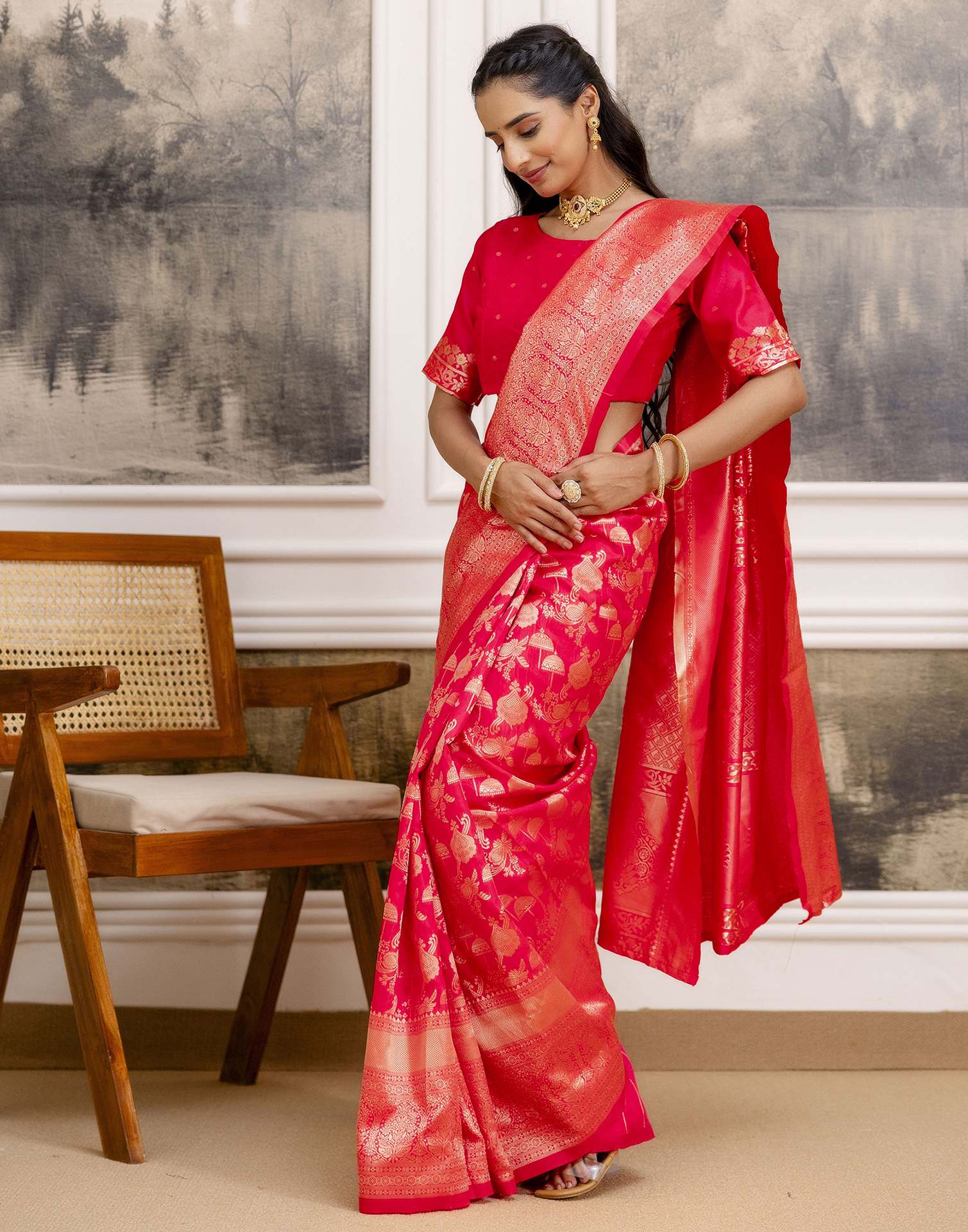 Bright Pink Silk Woven Saree