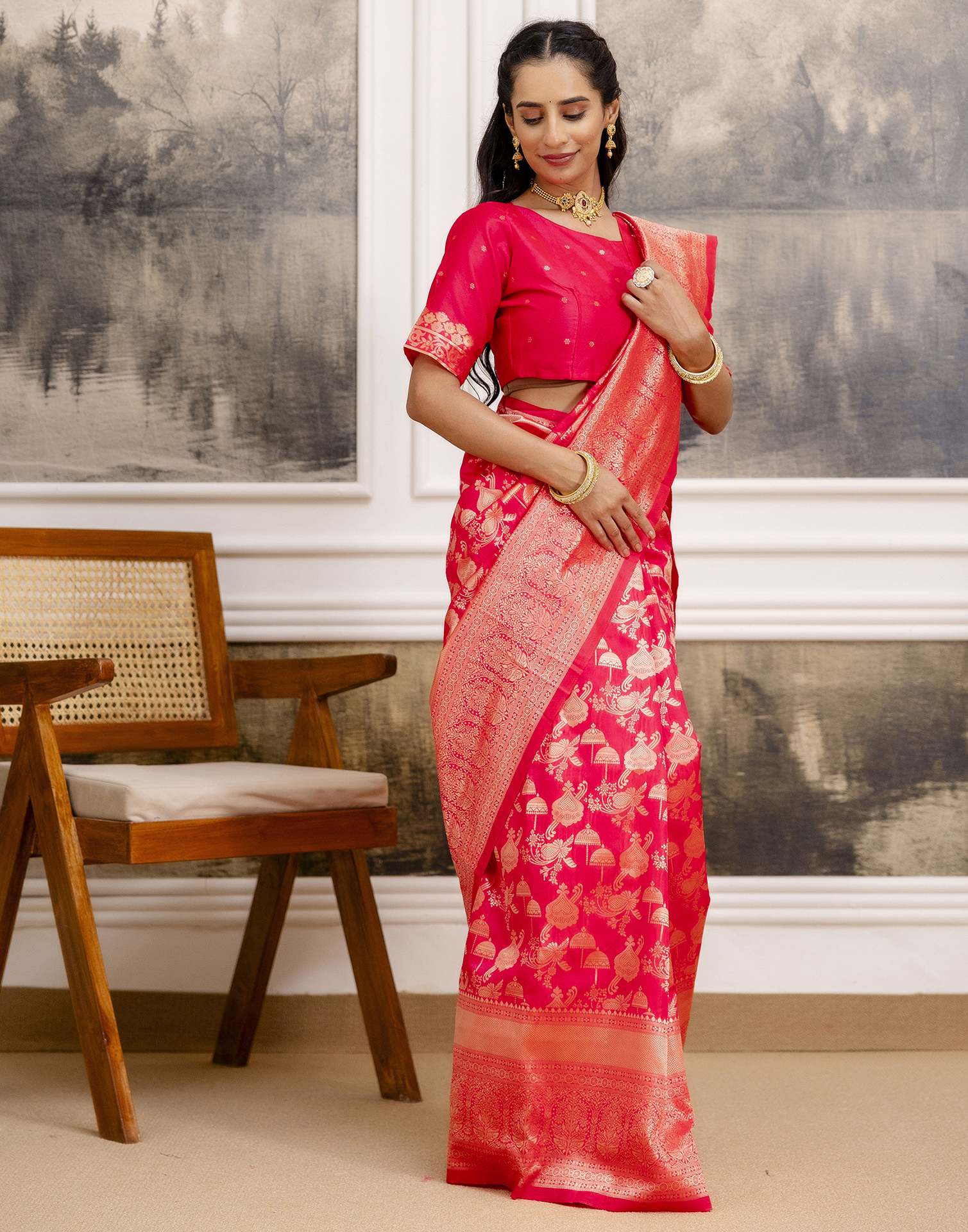 Bright Pink Silk Woven Saree