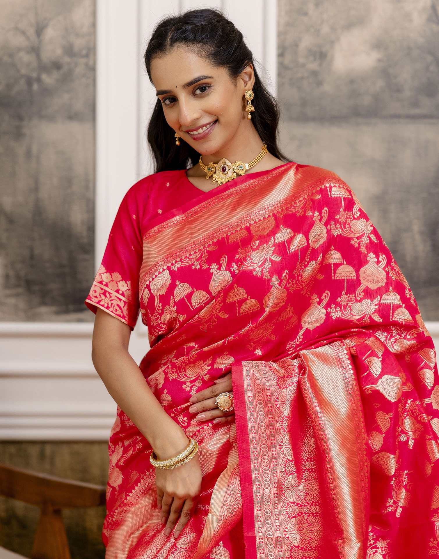 Bright Pink Silk Woven Saree