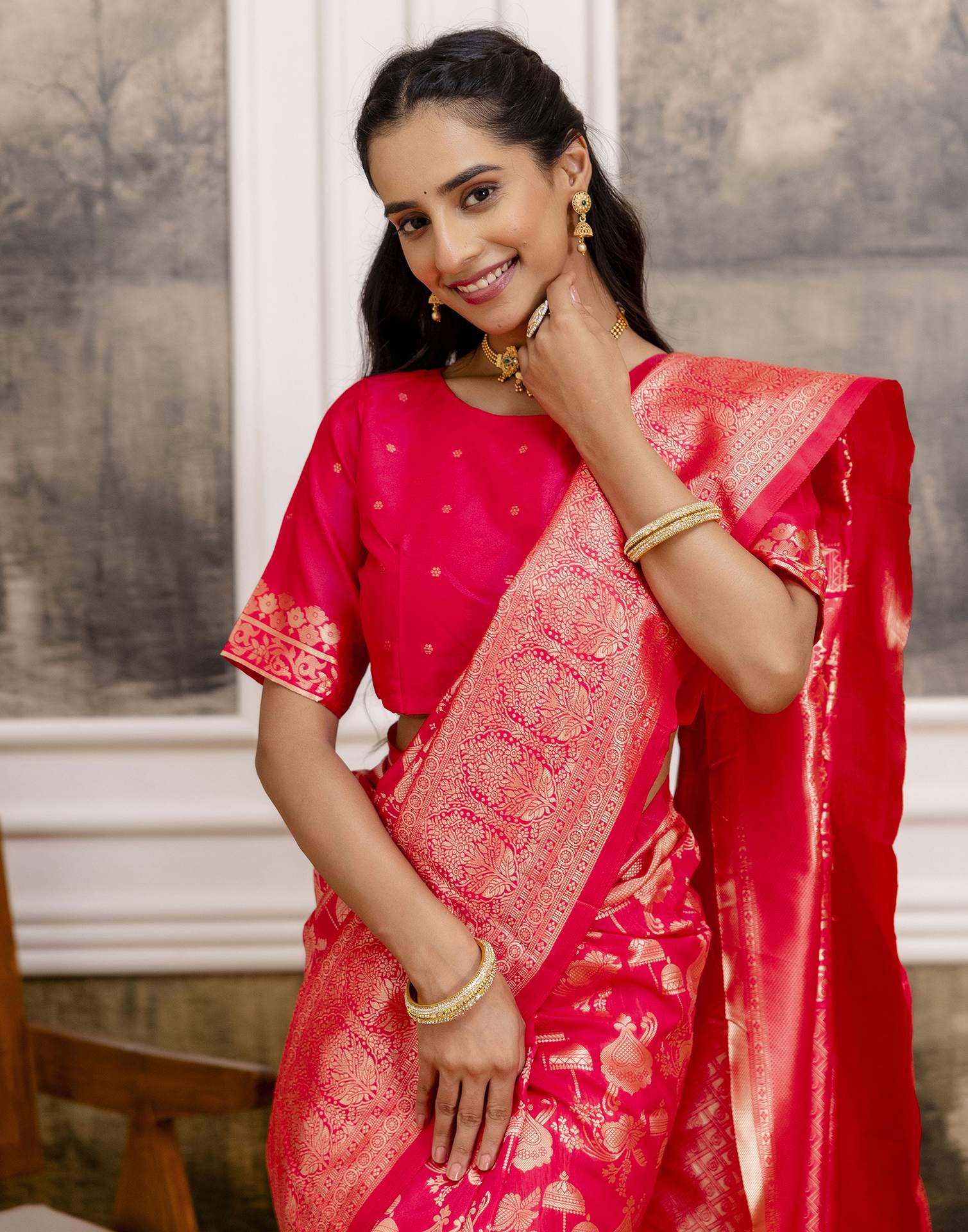 Bright Pink Silk Woven Saree
