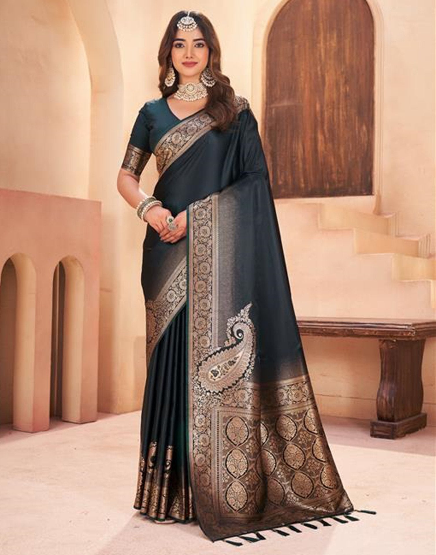 Bottle Green Silk Woven Saree