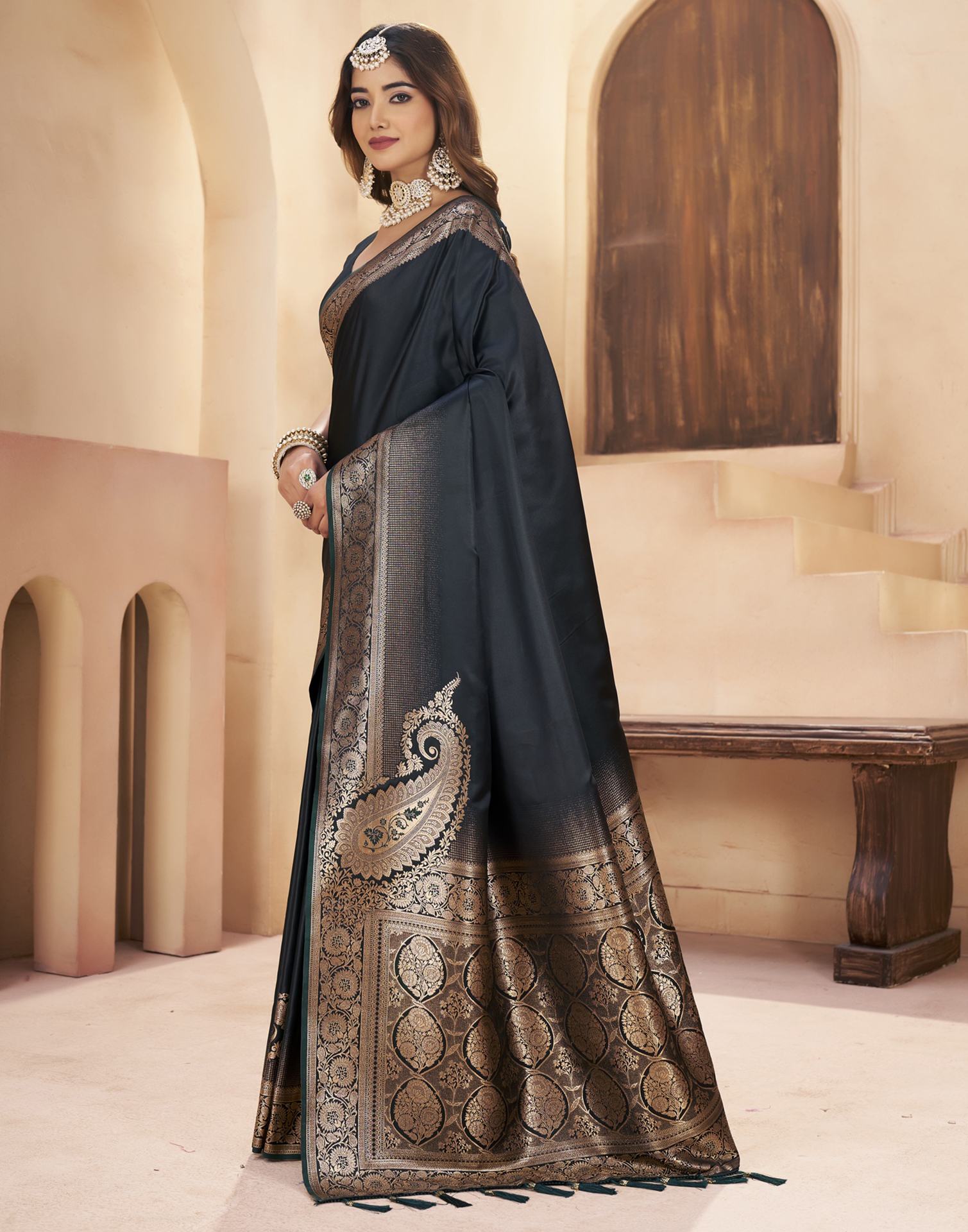 Bottle Green Silk Woven Saree