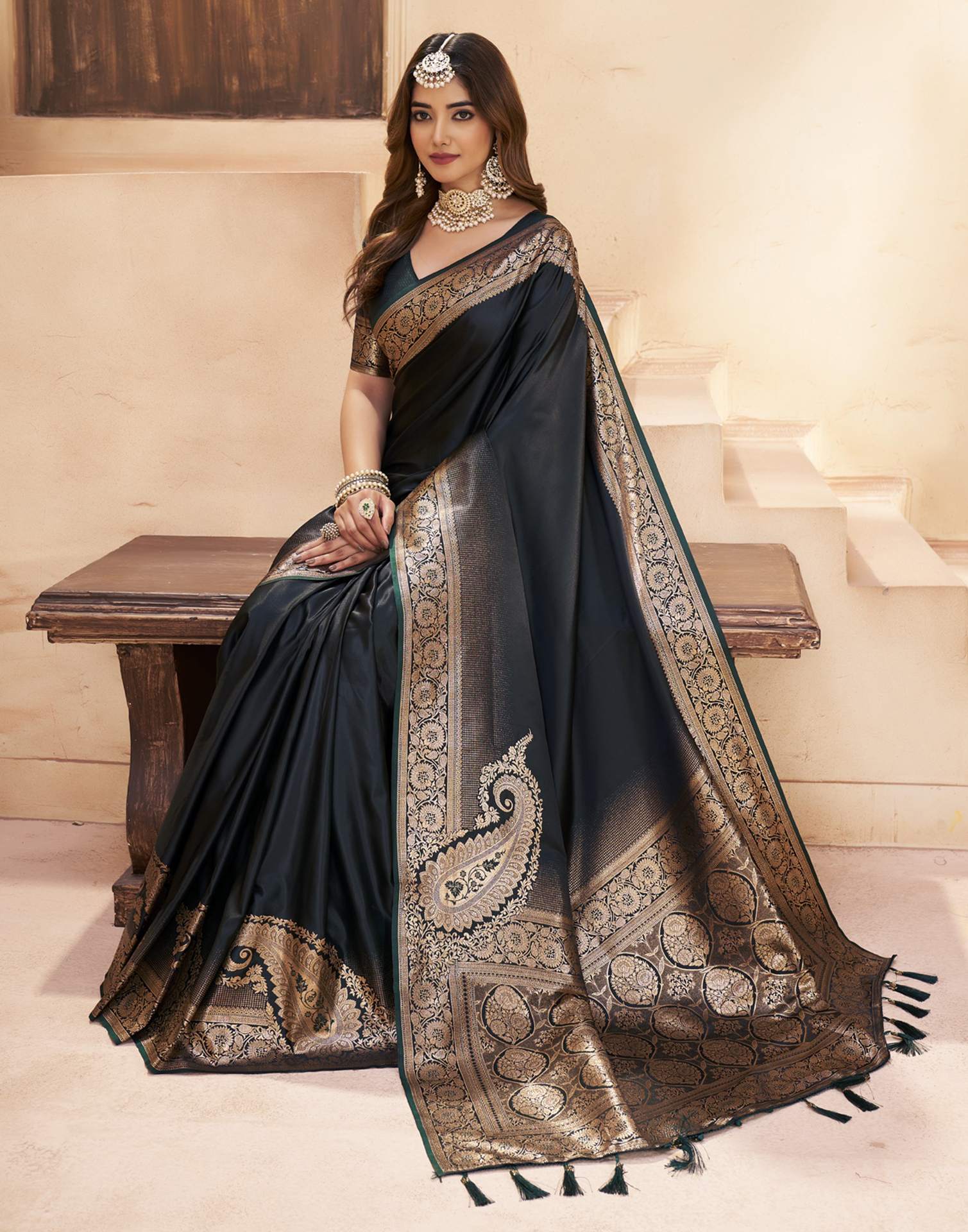 Bottle Green Silk Woven Saree