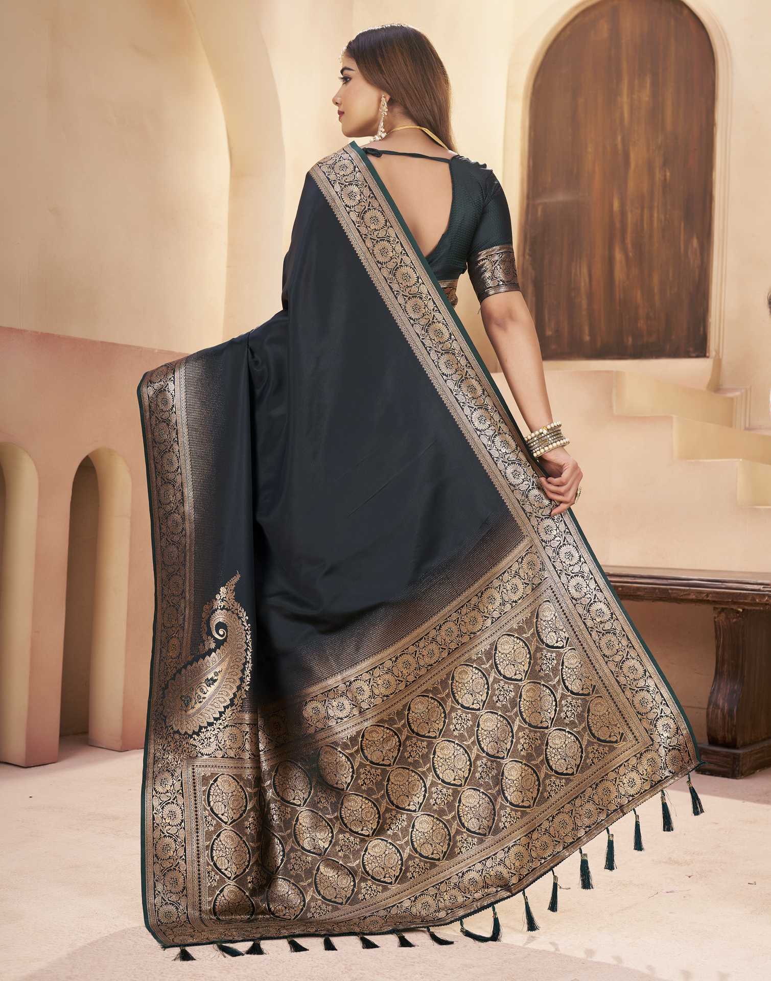 Bottle Green Silk Woven Saree