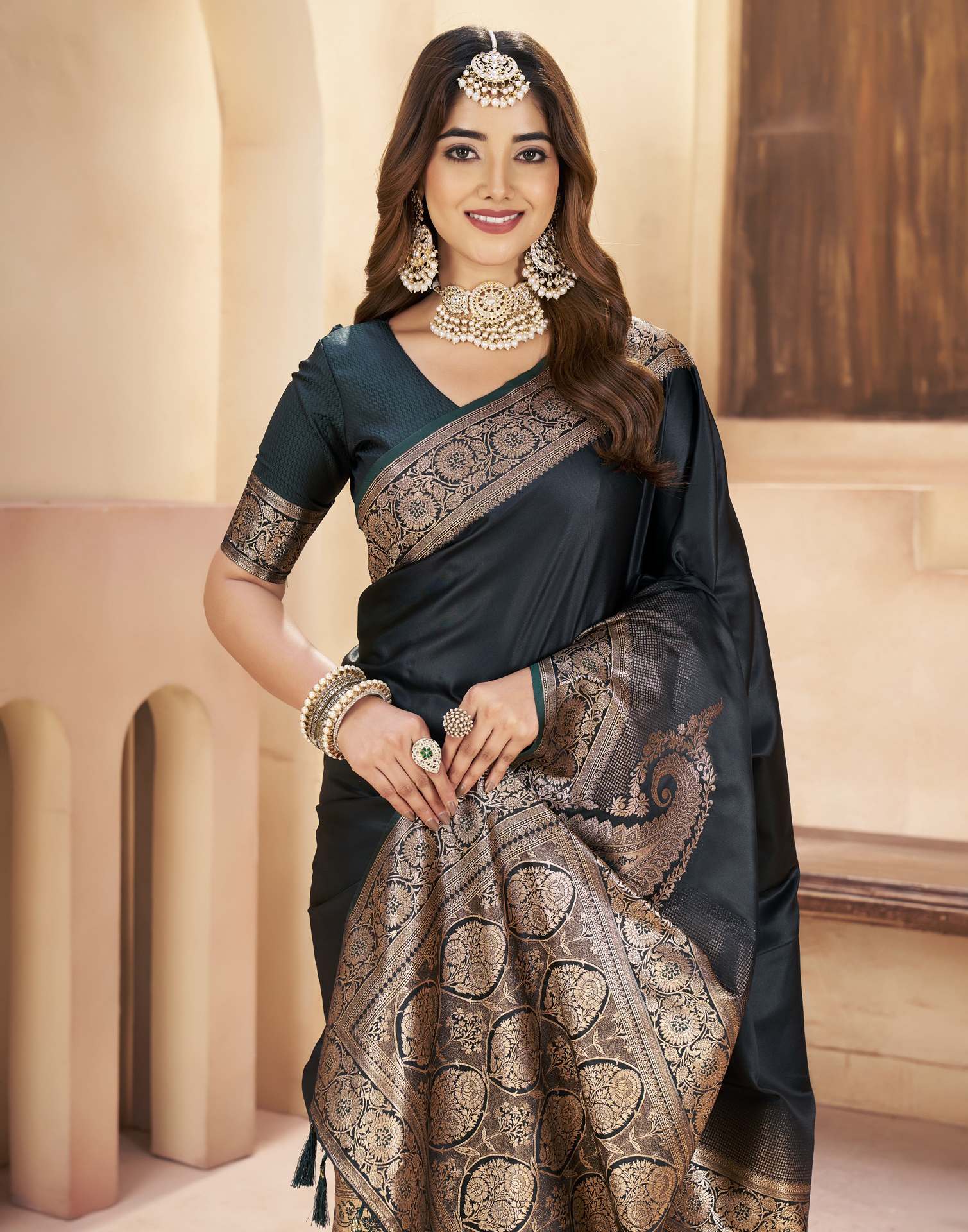 Bottle Green Silk Woven Saree