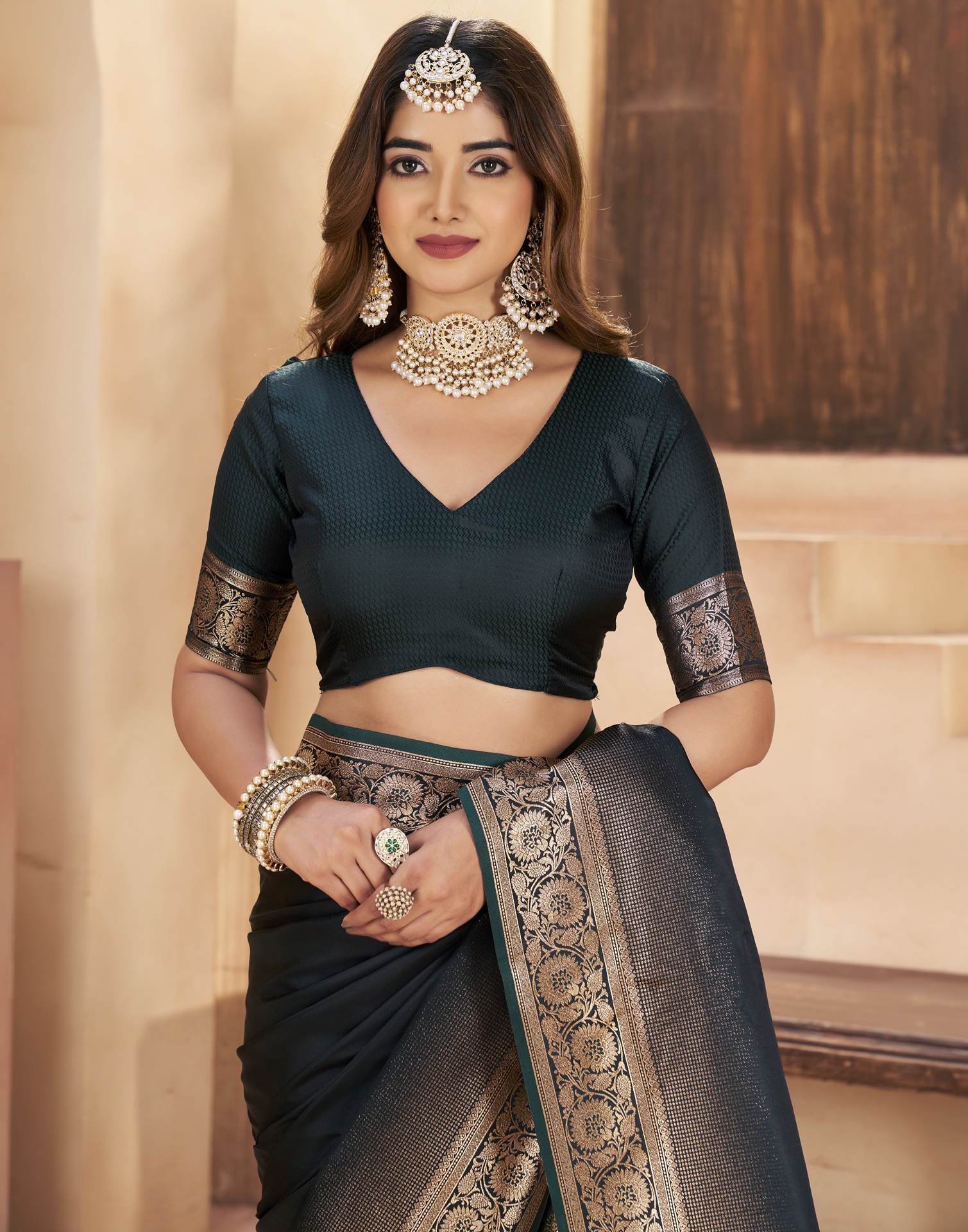 Bottle Green Silk Woven Saree