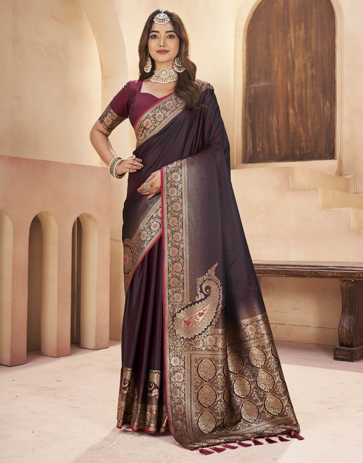 Maroon Silk Woven Saree