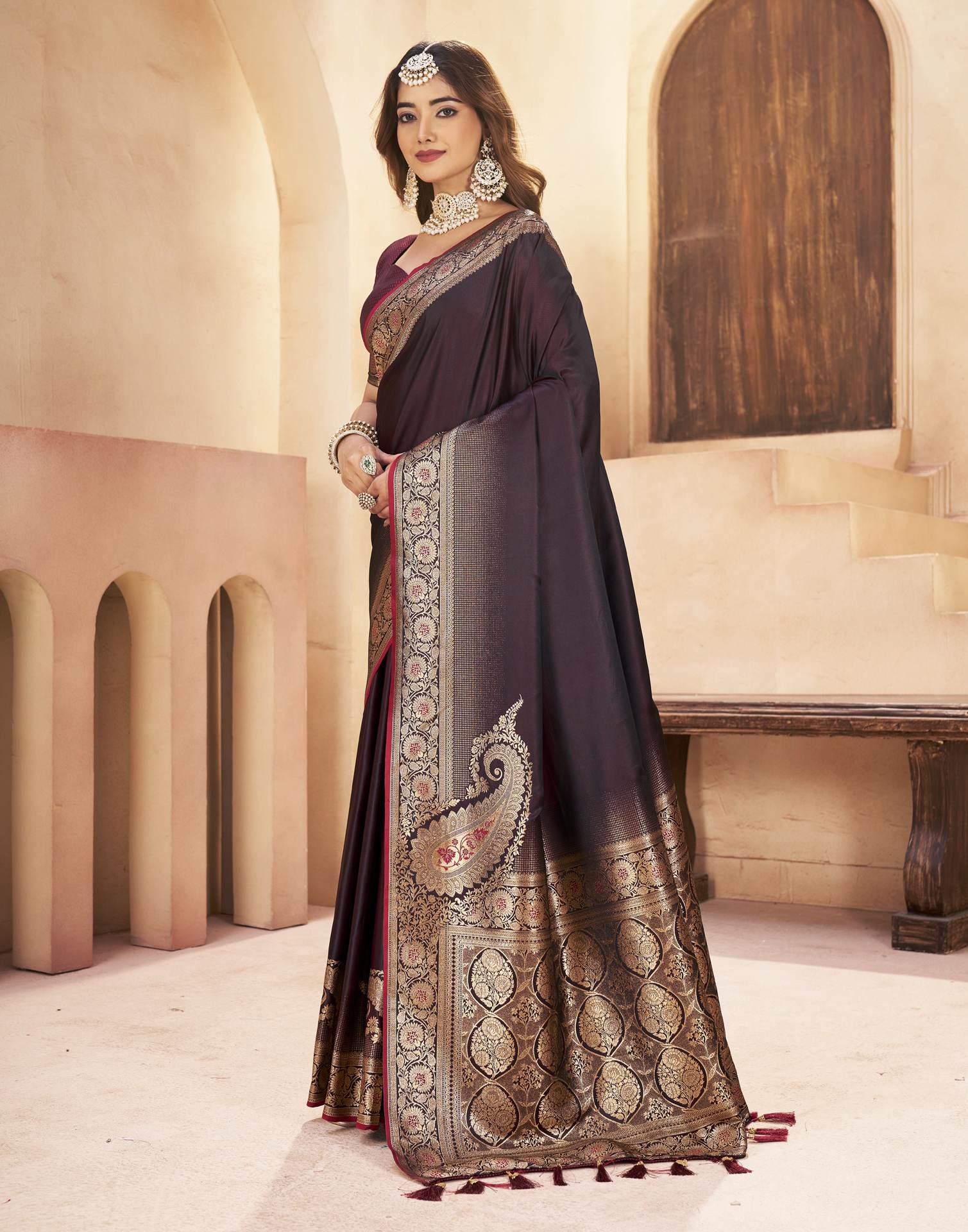 Maroon Silk Woven Saree