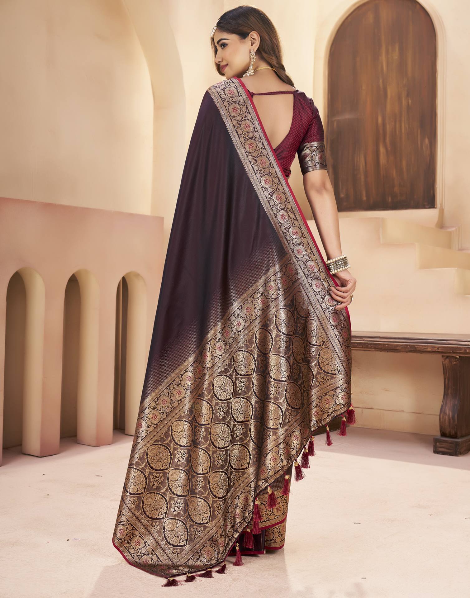 Maroon Silk Woven Saree