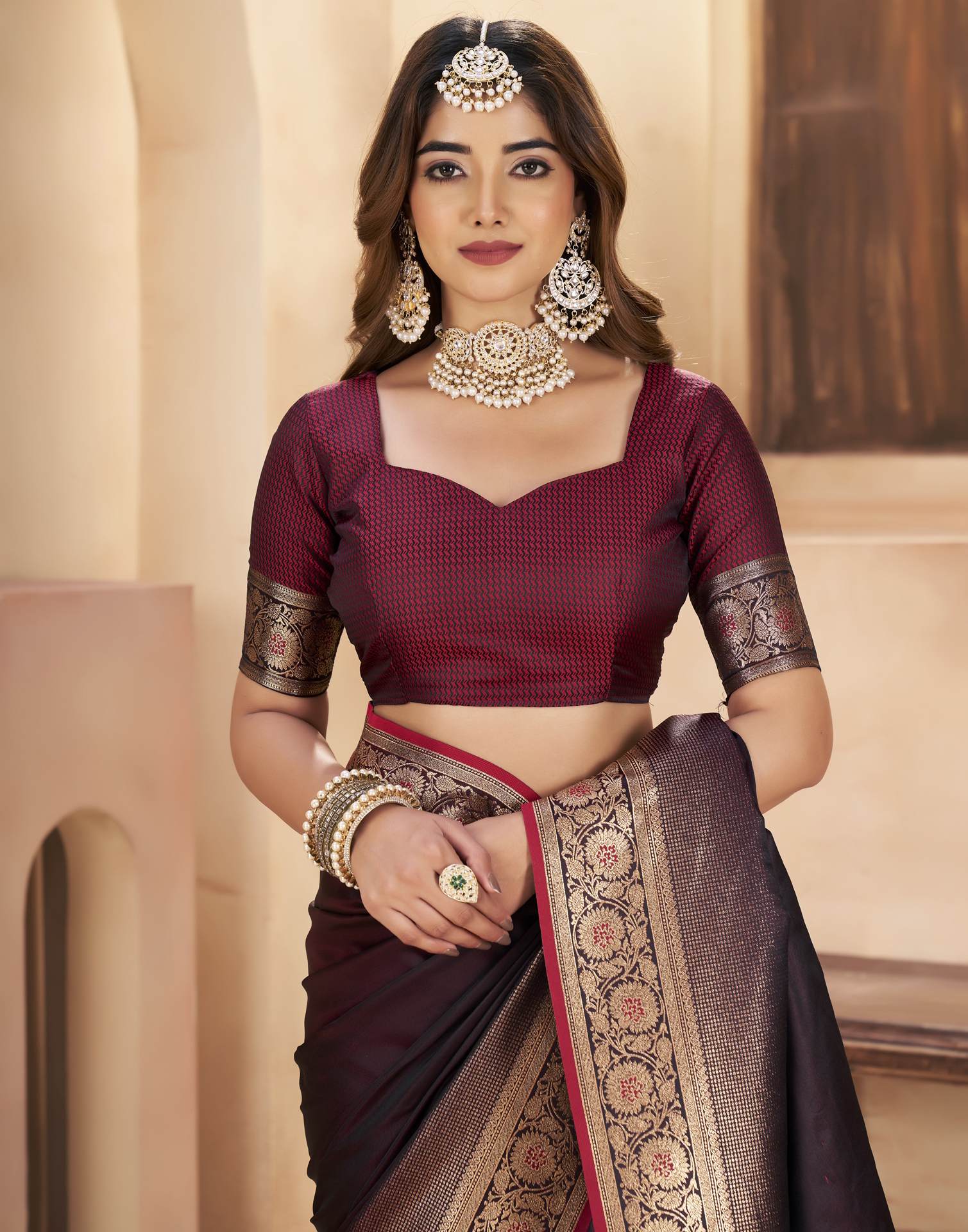 Maroon Silk Woven Saree