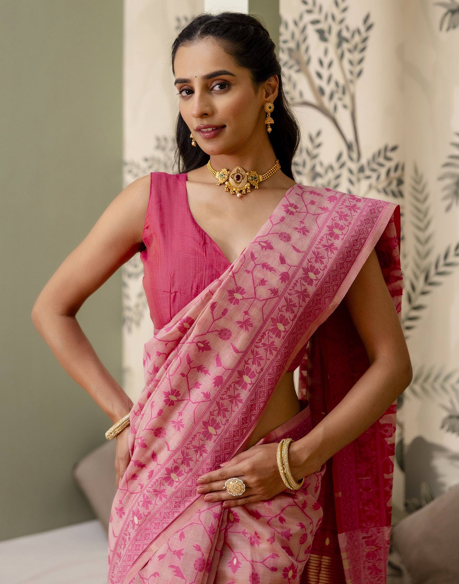 Rose Pink Cotton Woven Saree