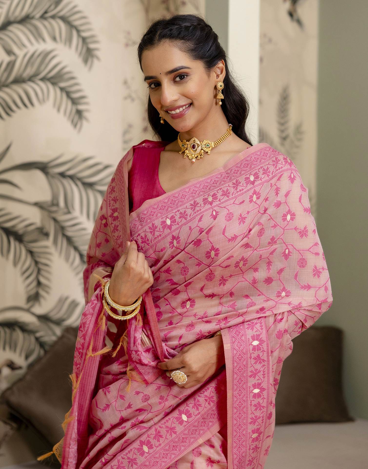 Rose Pink Cotton Woven Saree