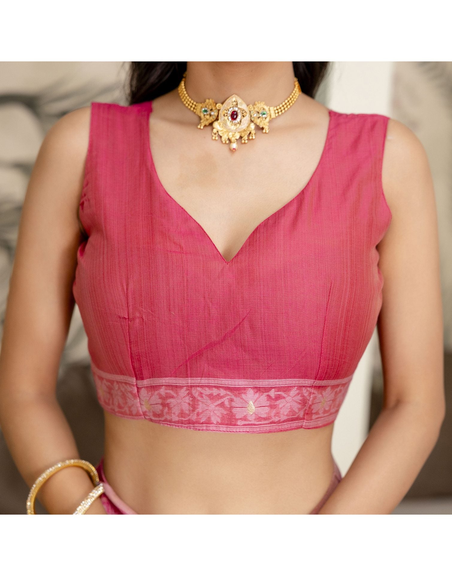 Rose Pink Cotton Woven Saree