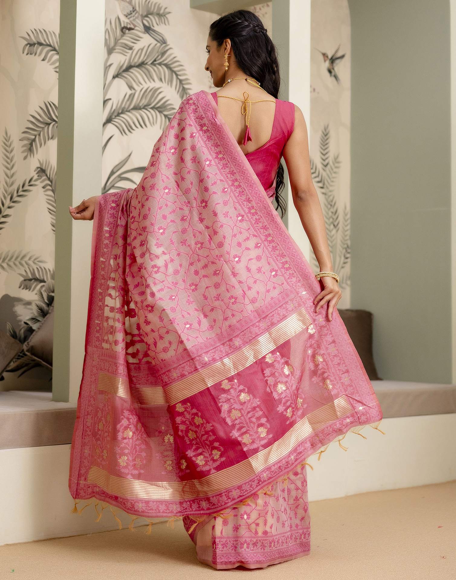 Rose Pink Cotton Woven Saree