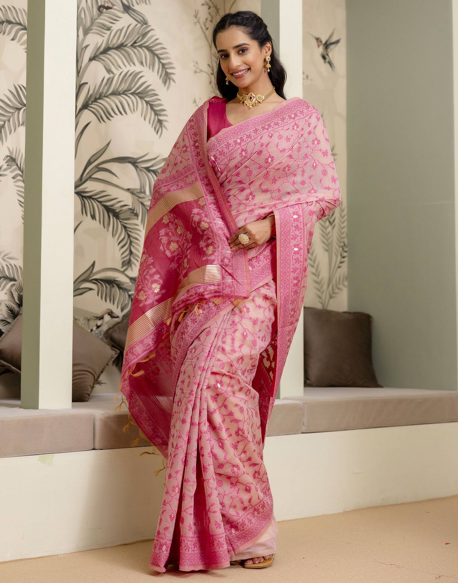 Rose Pink Cotton Woven Saree