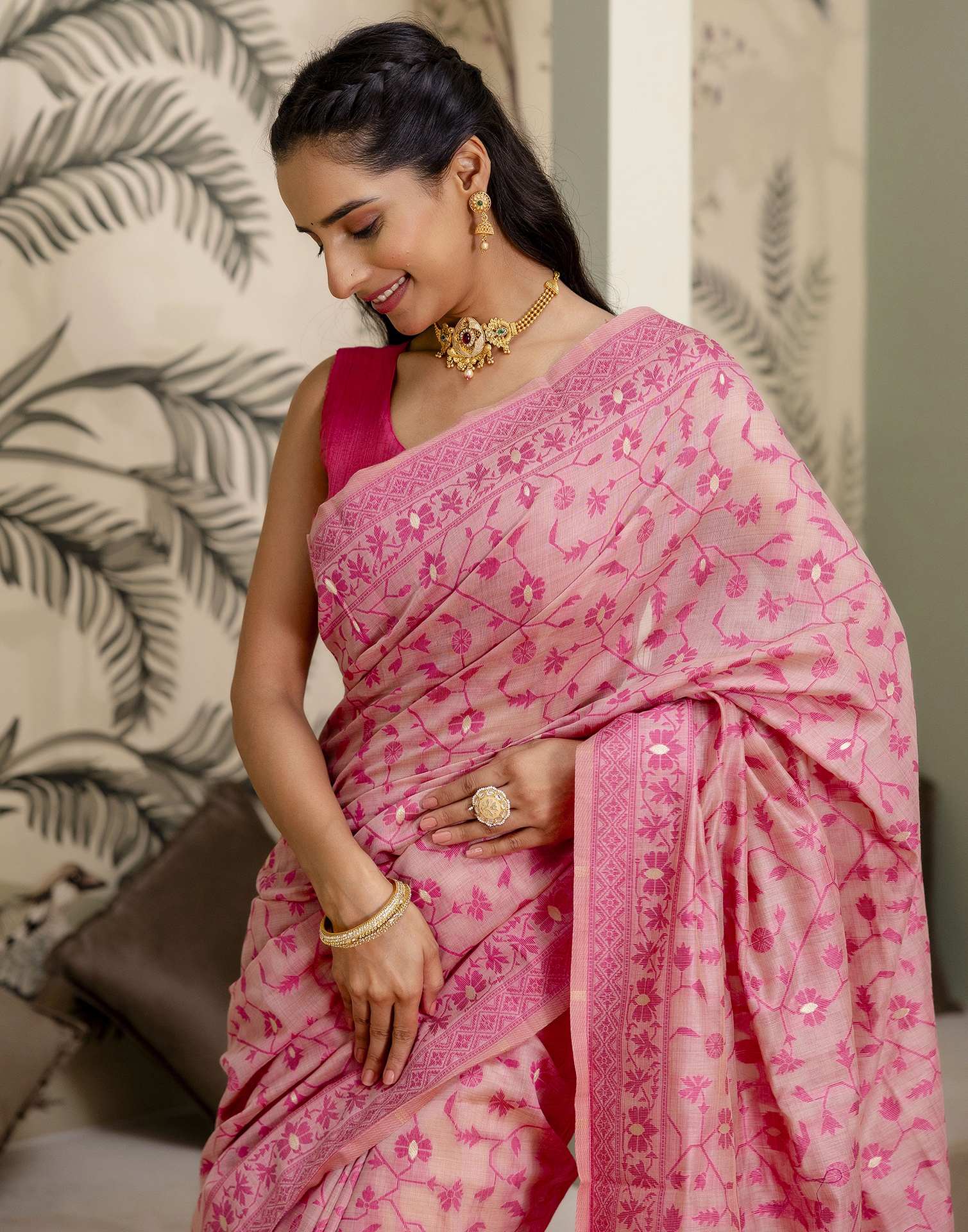 Rose Pink Cotton Woven Saree