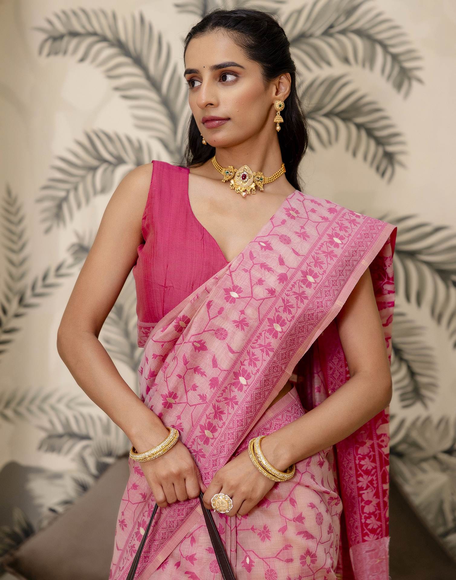 Rose Pink Cotton Woven Saree