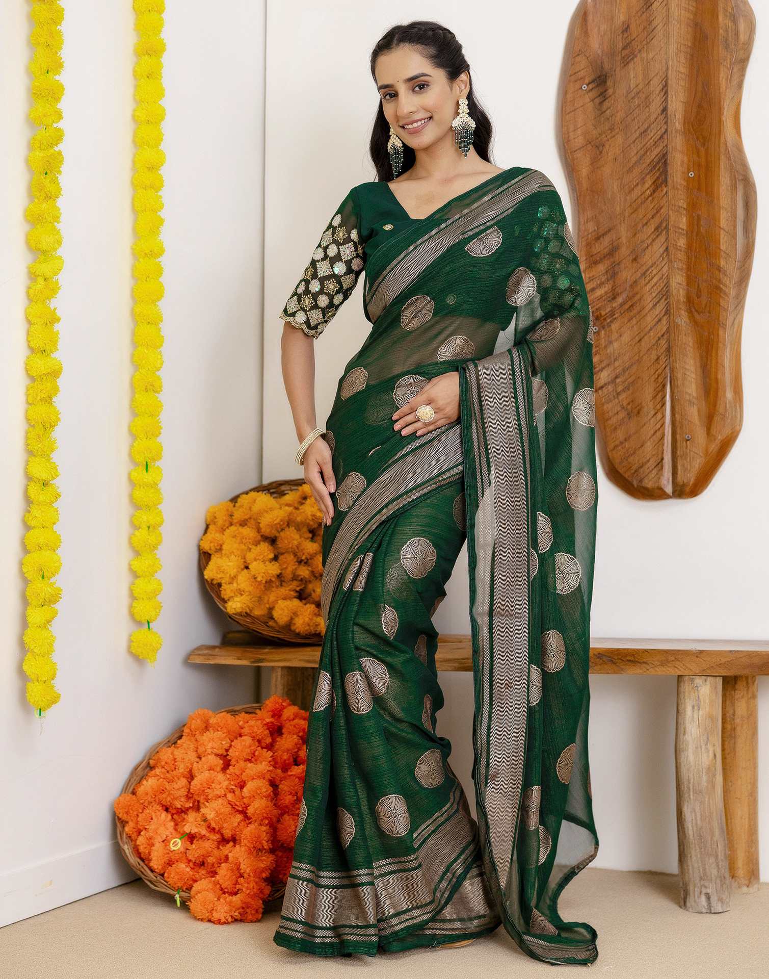 Dark Green Georgette Foil Printed Saree