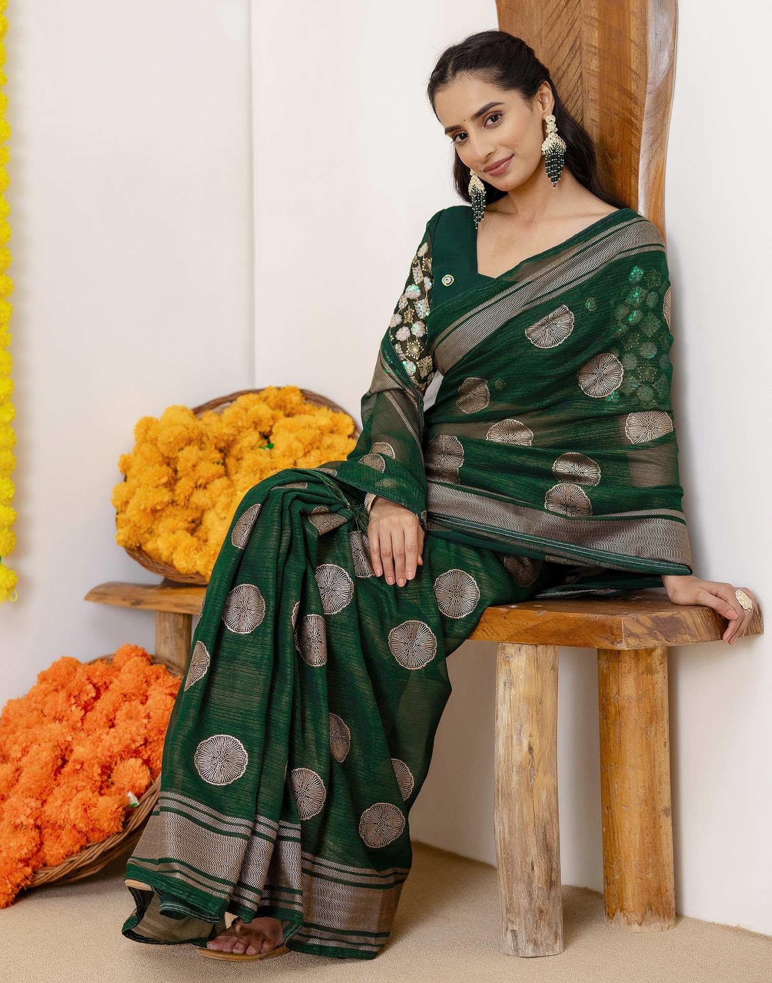 Dark Green Georgette Foil Printed Saree