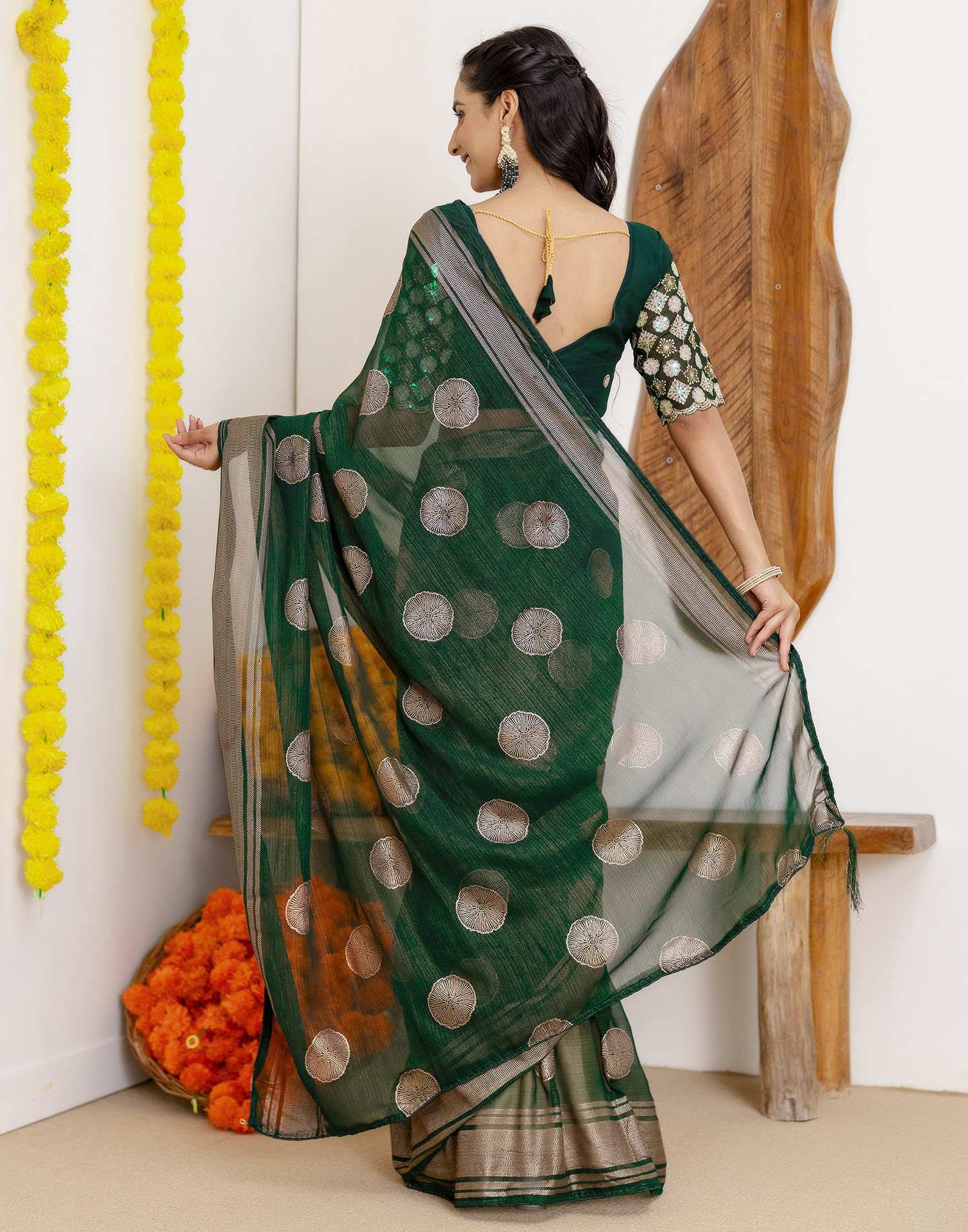 Dark Green Georgette Foil Printed Saree