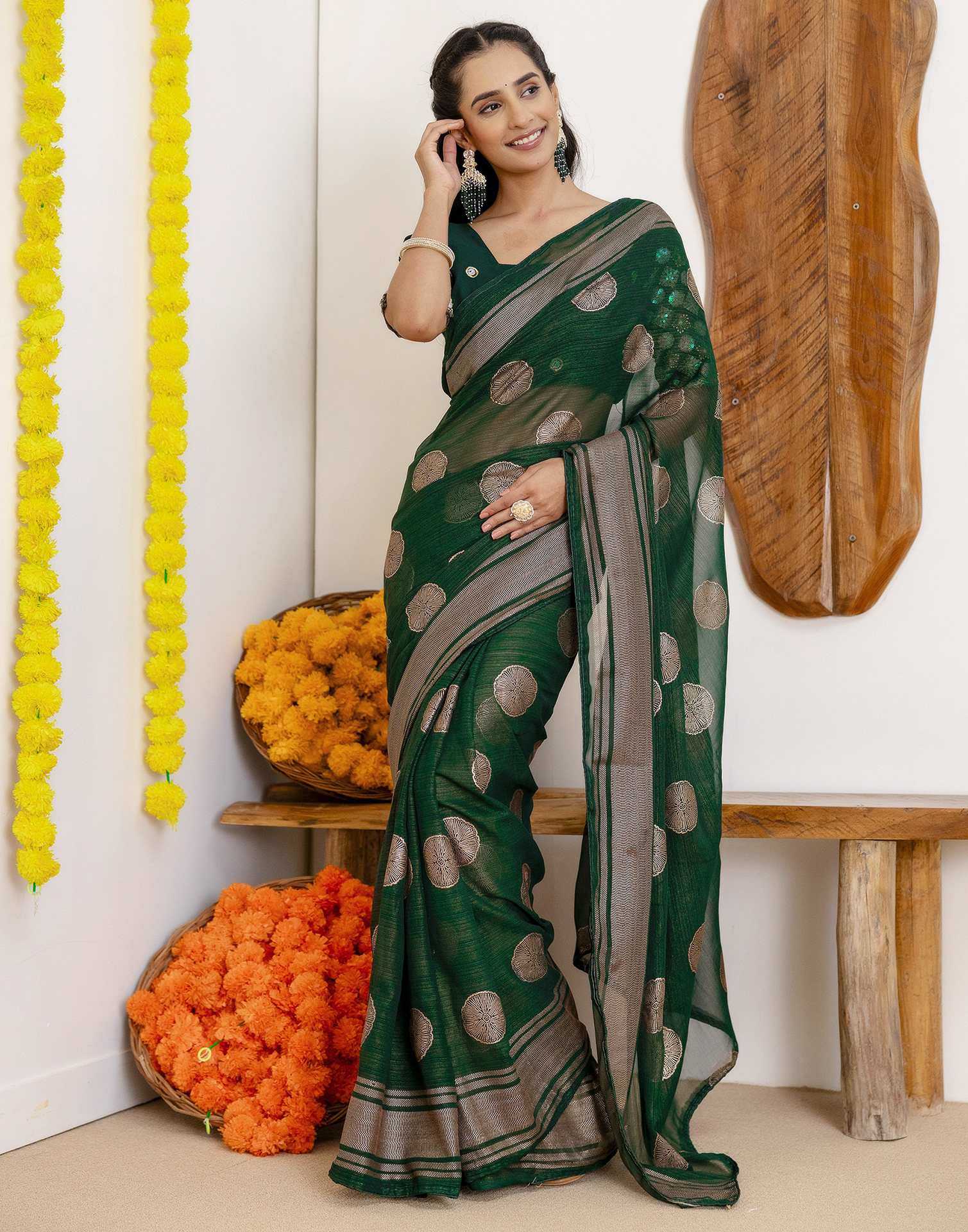 Dark Green Georgette Foil Printed Saree