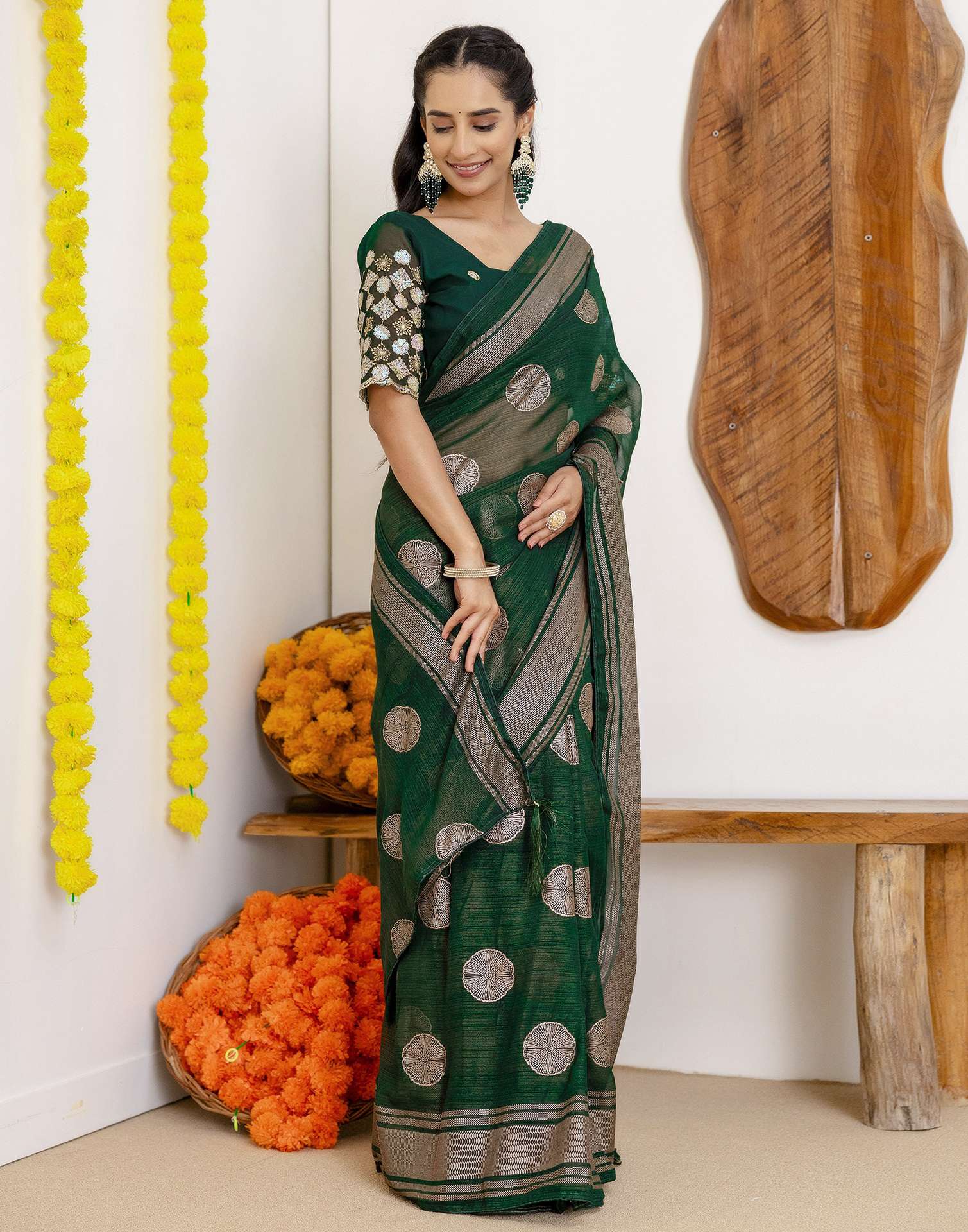 Dark Green Georgette Foil Printed Saree
