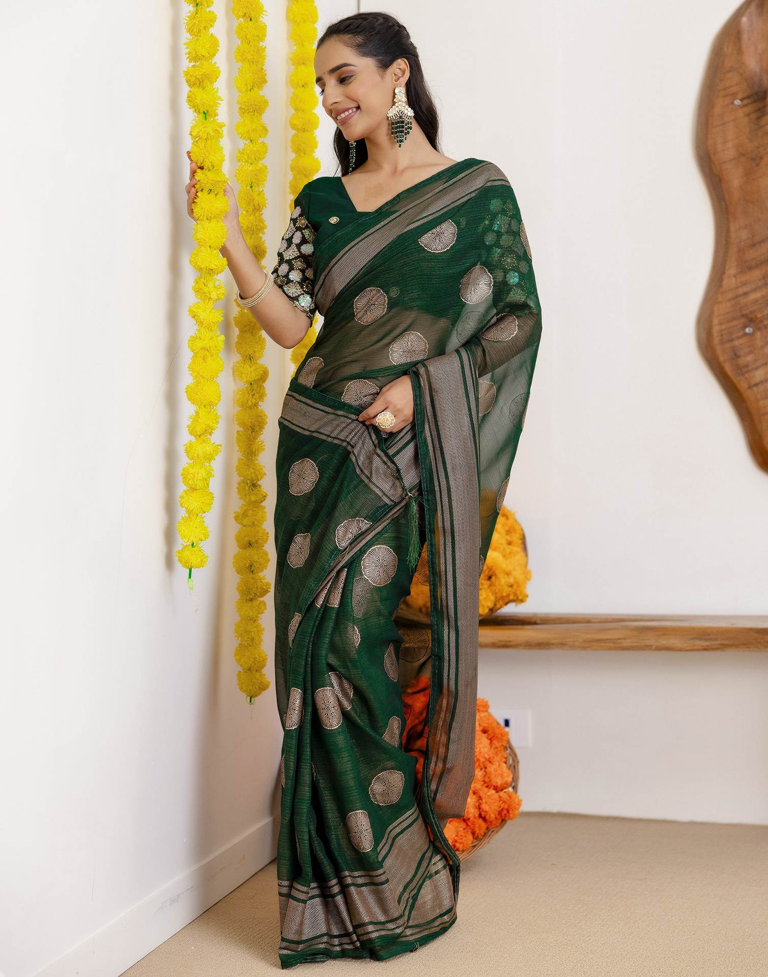 Dark Green Georgette Foil Printed Saree