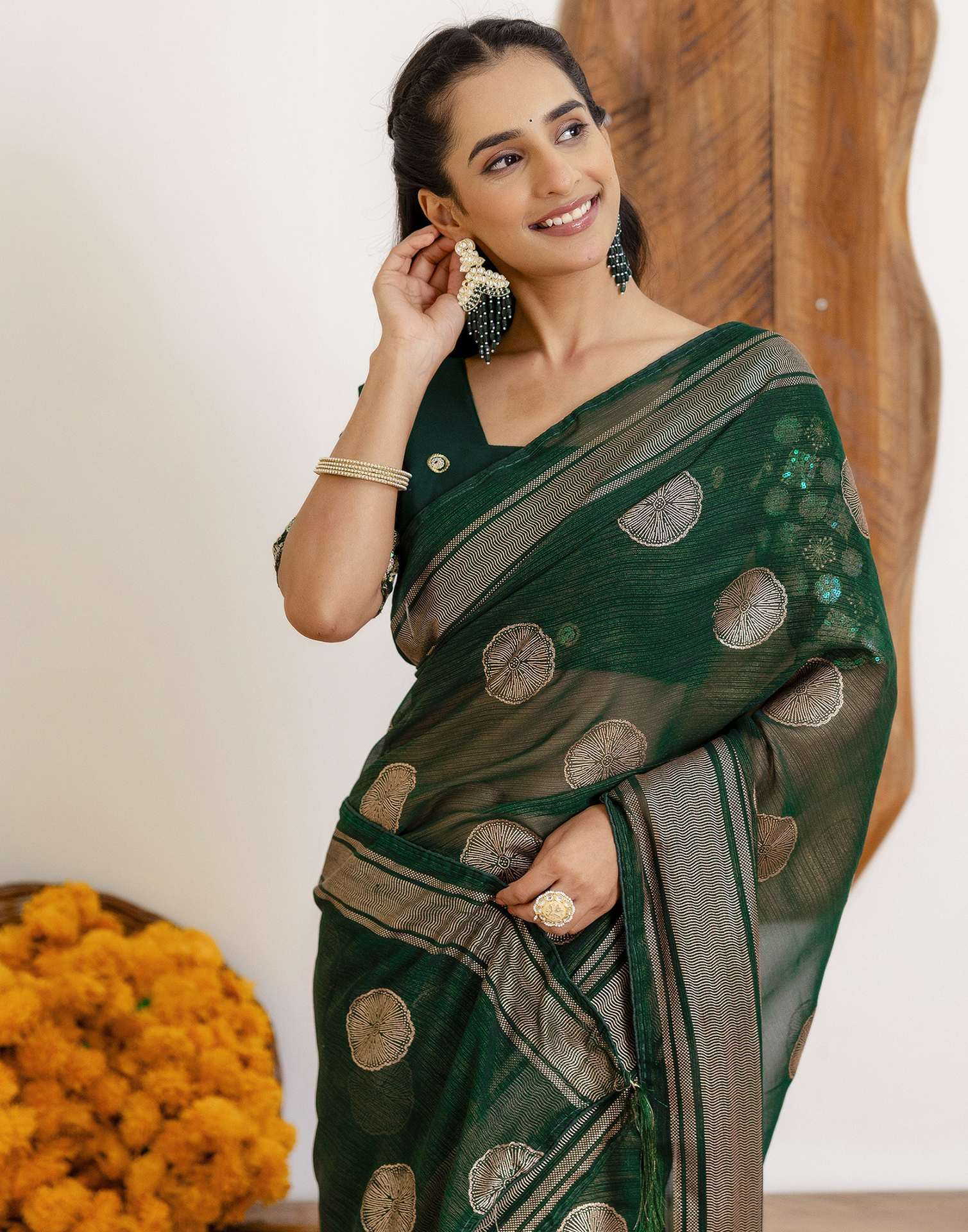 Dark Green Georgette Foil Printed Saree