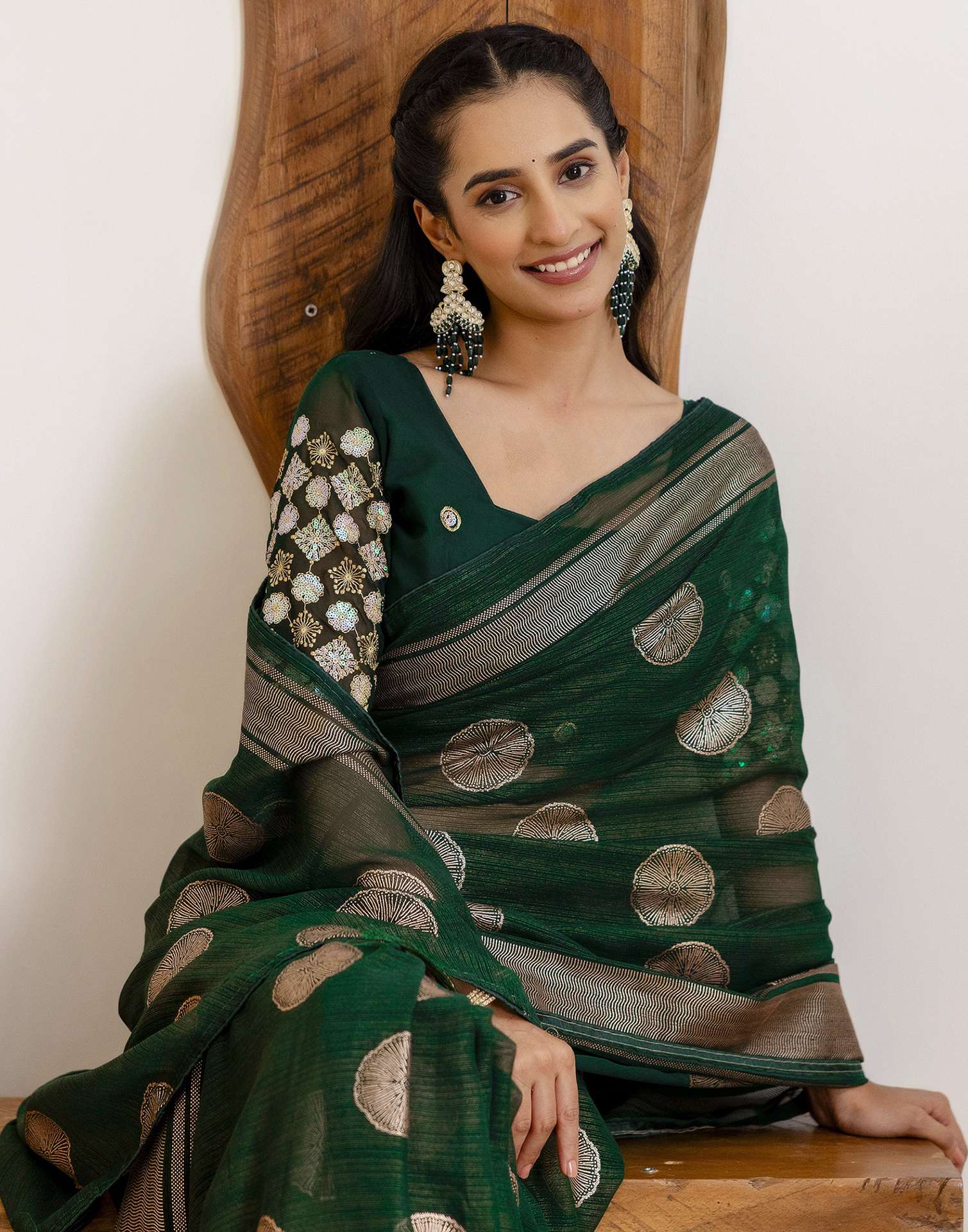 Dark Green Georgette Foil Printed Saree