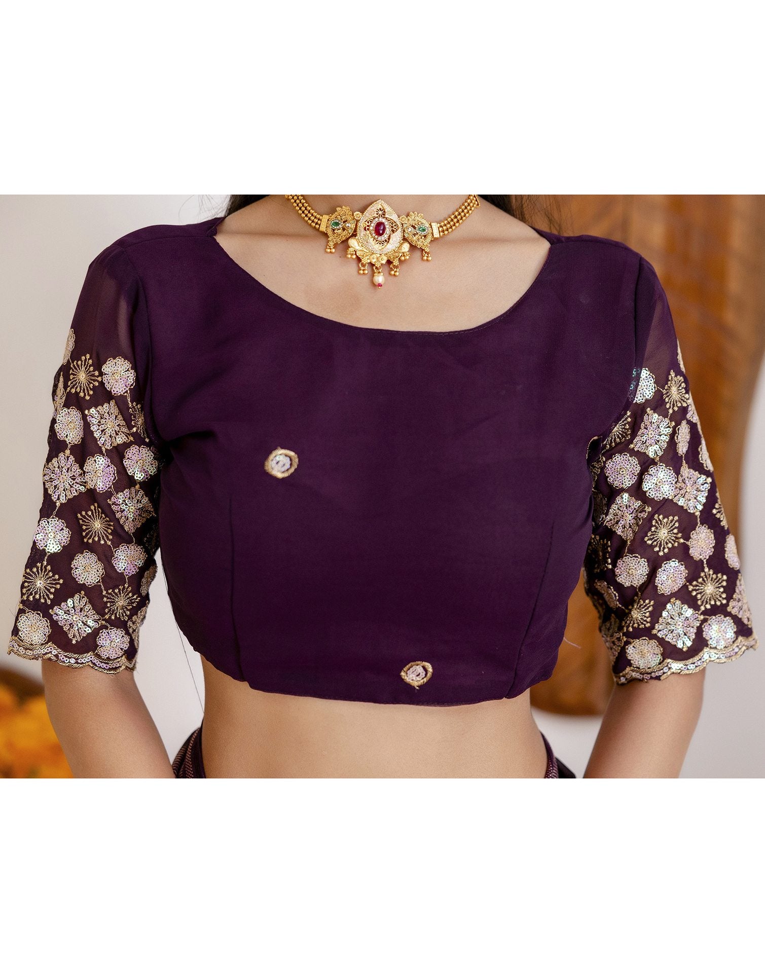 Wine Georgette Foil Printed Saree
