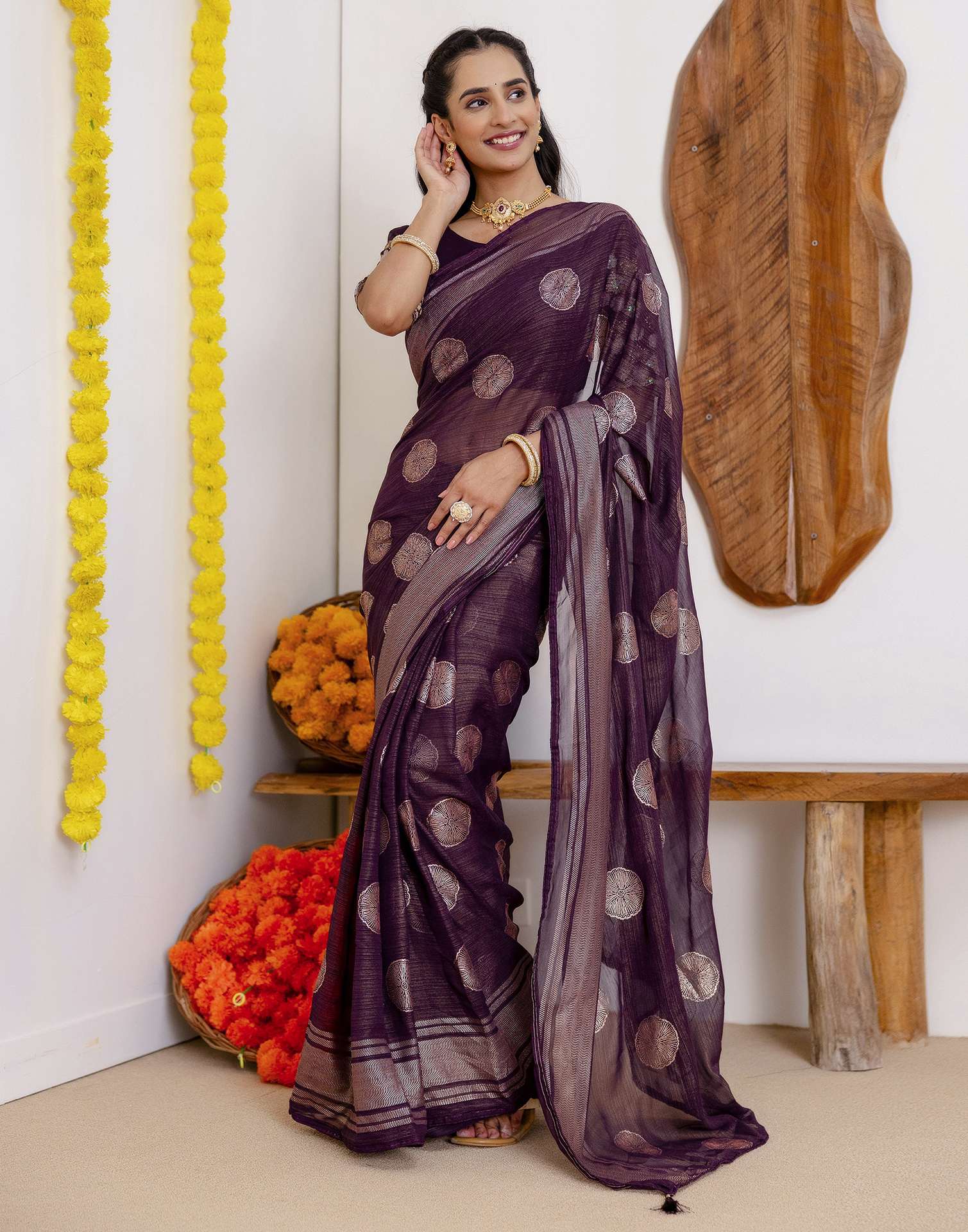 Wine Georgette Foil Printed Saree