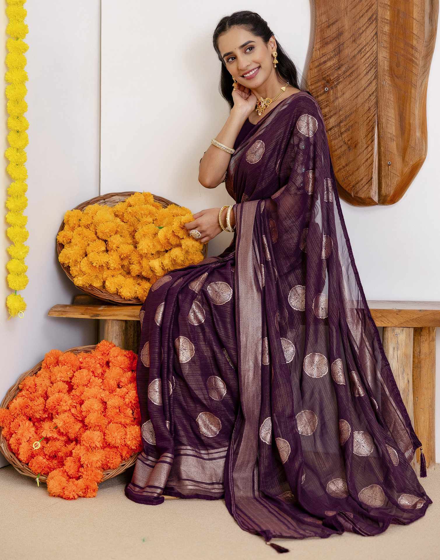 Wine Georgette Foil Printed Saree
