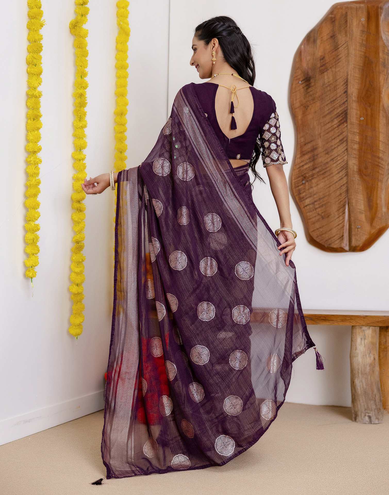 Wine Georgette Foil Printed Saree
