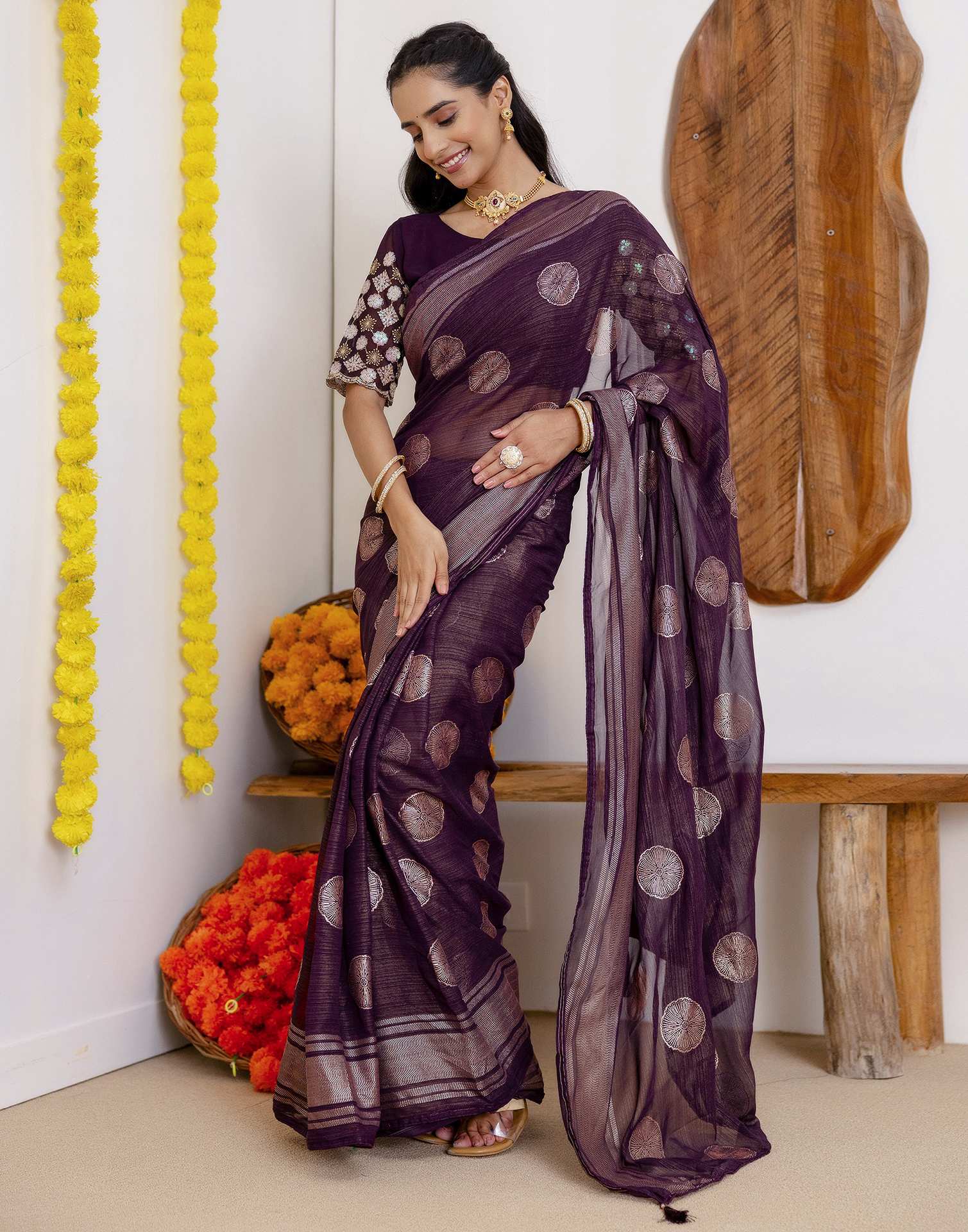 Wine Georgette Foil Printed Saree