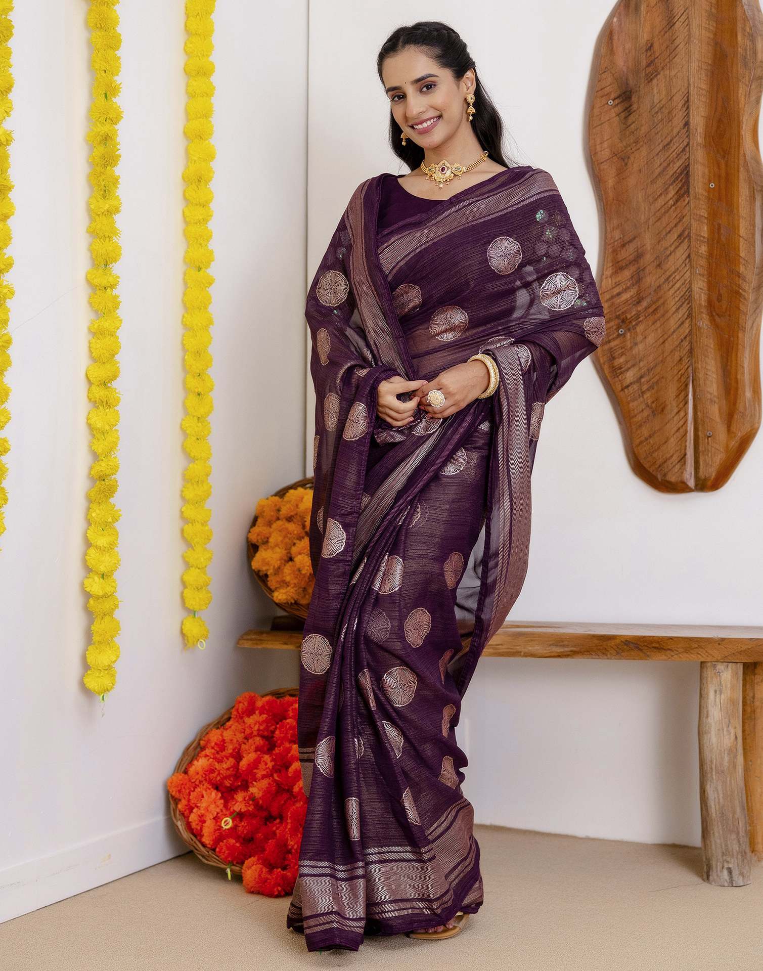 Wine Georgette Foil Printed Saree